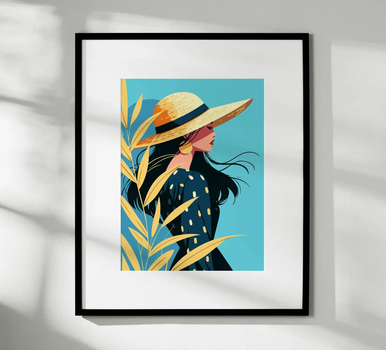 Autunno Cappello di paglia Donna in abito Illustrazione artistica minimalista poster con telaio in legno da Leon Franke