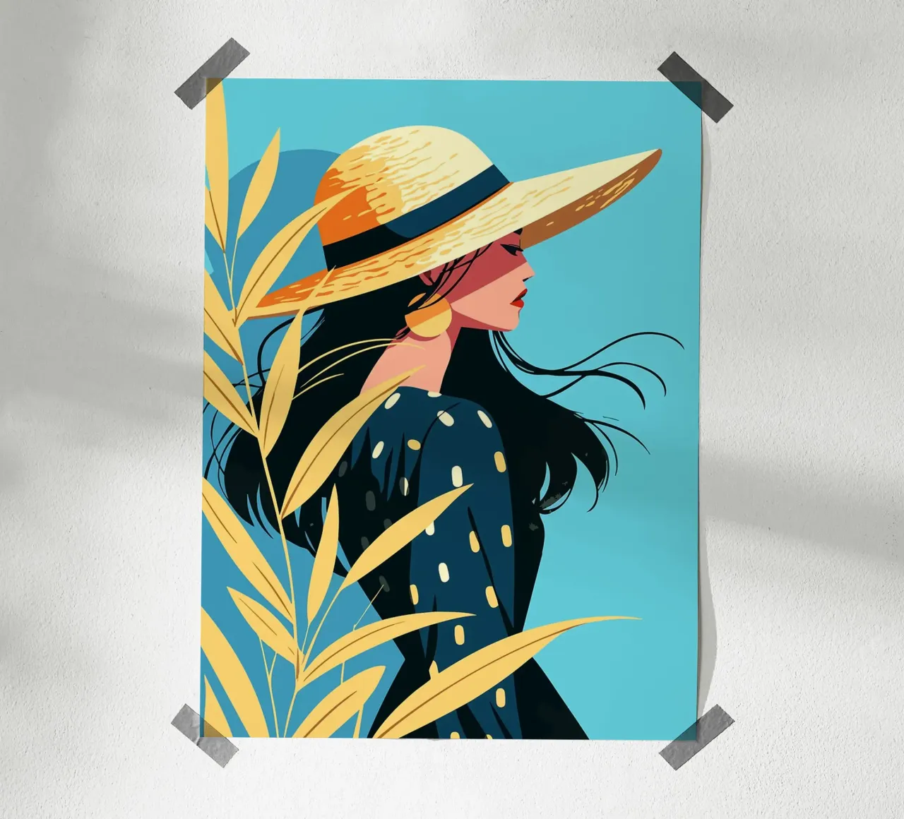 Autunno Cappello di paglia Donna in abito Illustrazione artistica minimalista poster con telaio in legno da Leon Franke