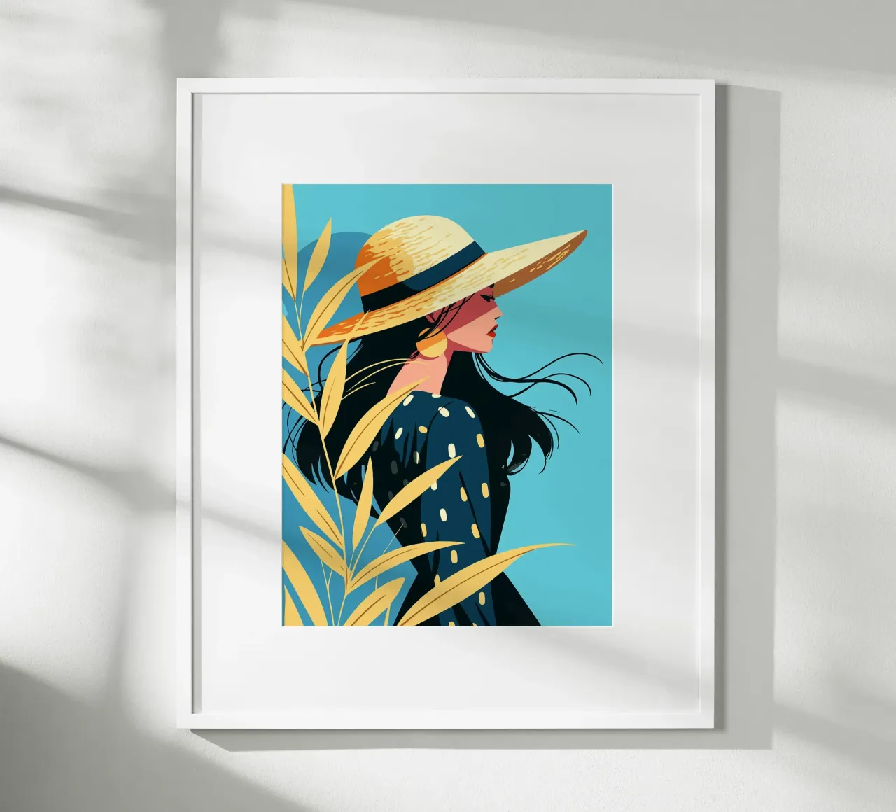 Autunno Cappello di paglia Donna in abito Illustrazione artistica minimalista poster con telaio in legno da Leon Franke