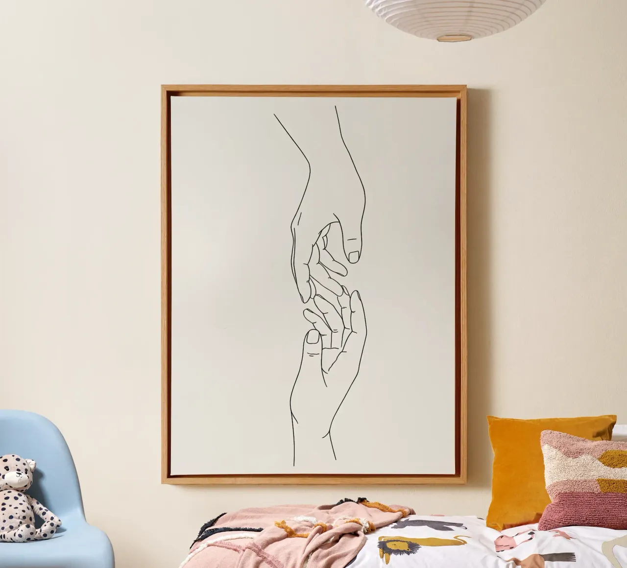 Reaching Hands Minimalist Line Art canvas with Floater frame by Leon Franke