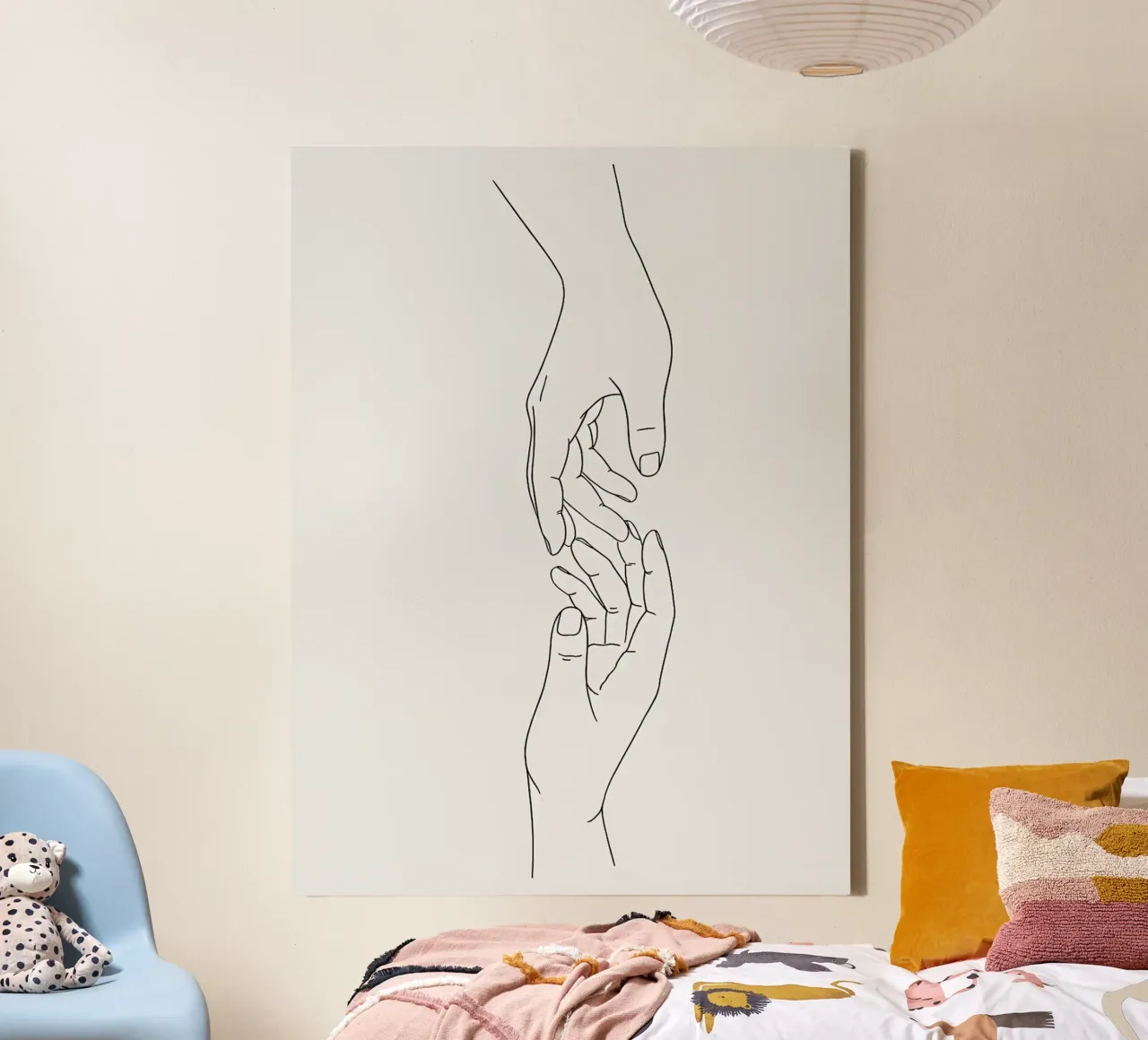 Reaching Hands Minimalist Line Art canvas with Floater frame by Leon Franke