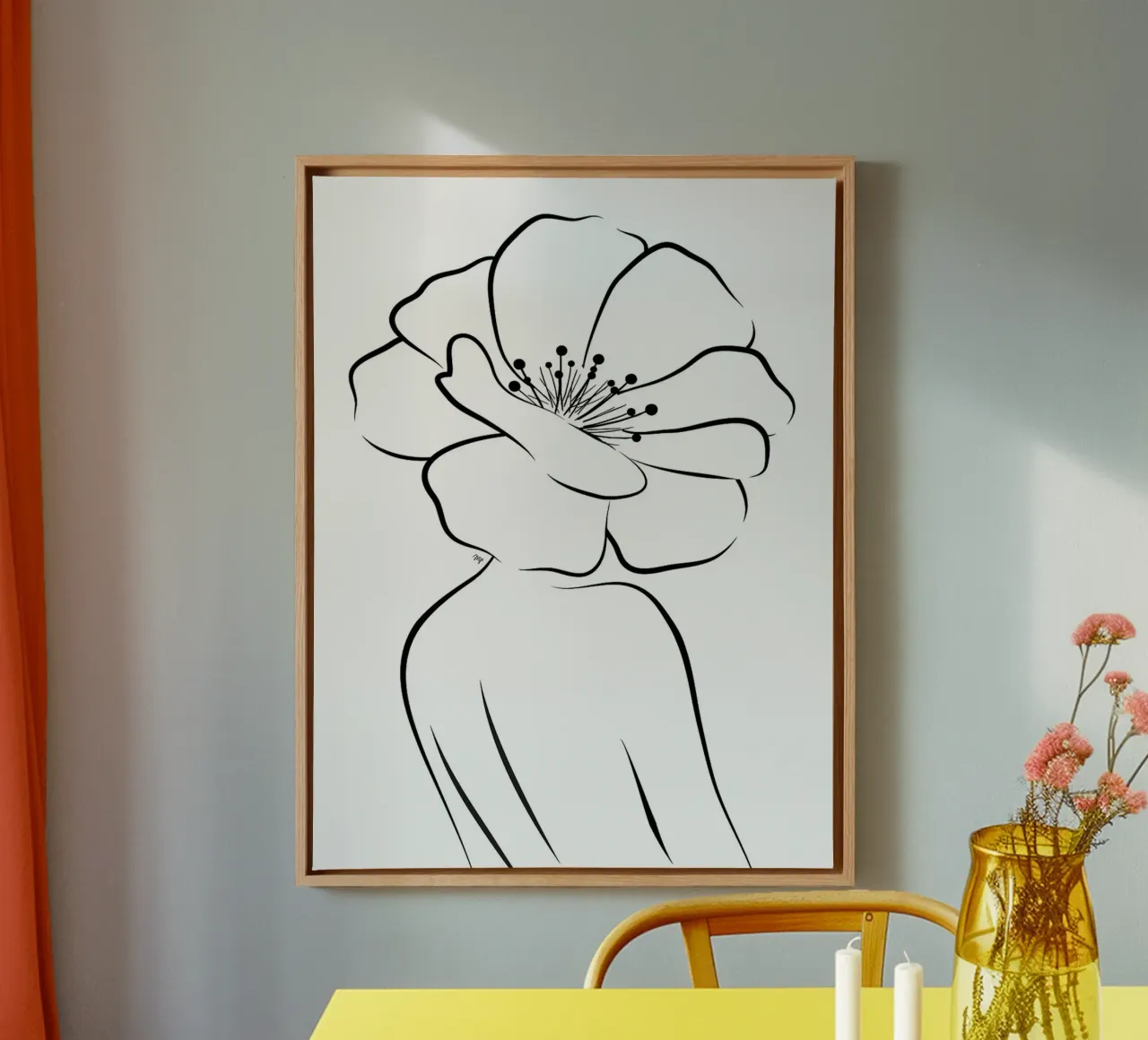 Line art donna floreale tela con Cornice a cassetta da Leon Franke