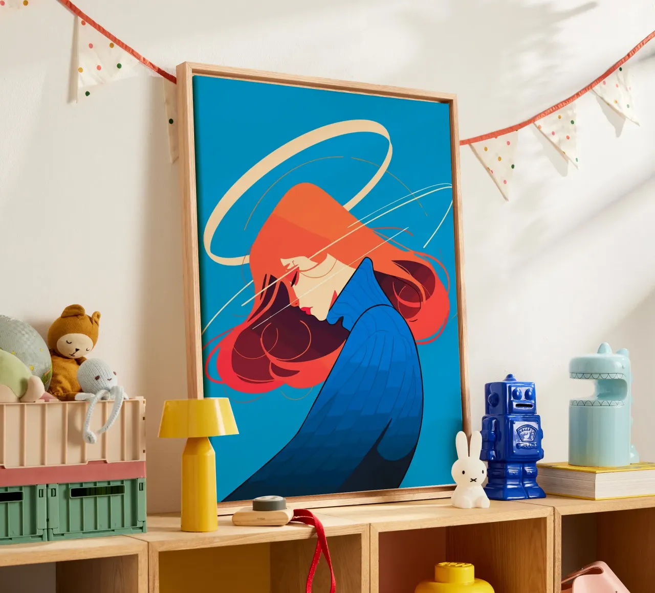 Vrouw met rood haar en halo Minimalistische kunstillustratie canvas met Baklijst van Leon Franke