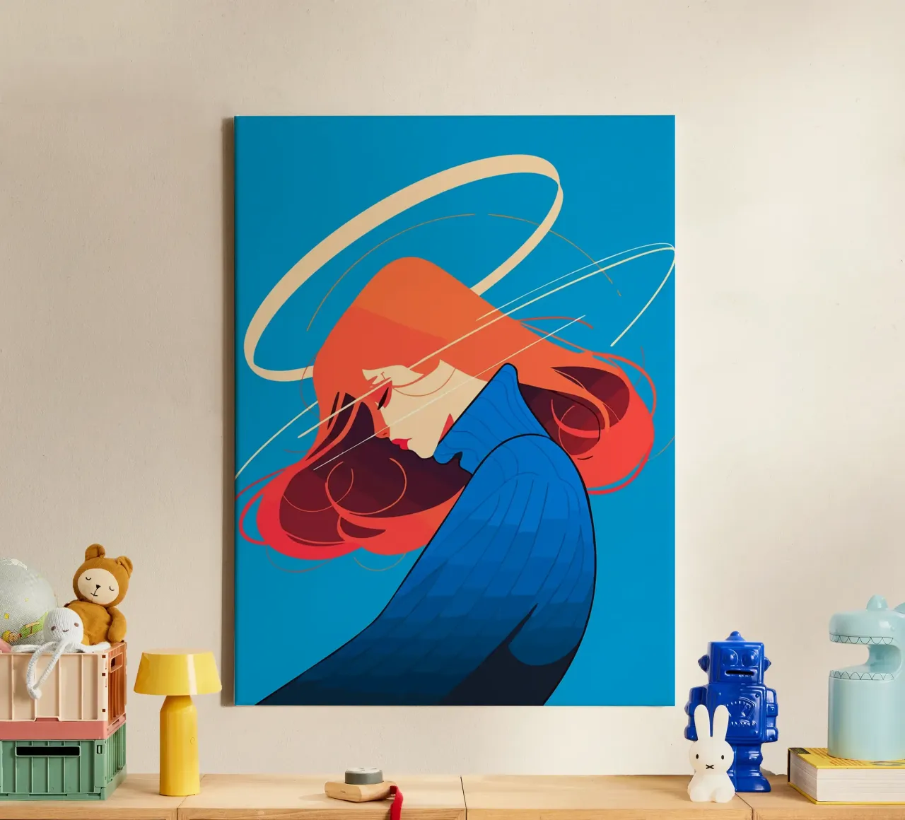Vrouw met rood haar en halo Minimalistische kunstillustratie canvas met Baklijst van Leon Franke