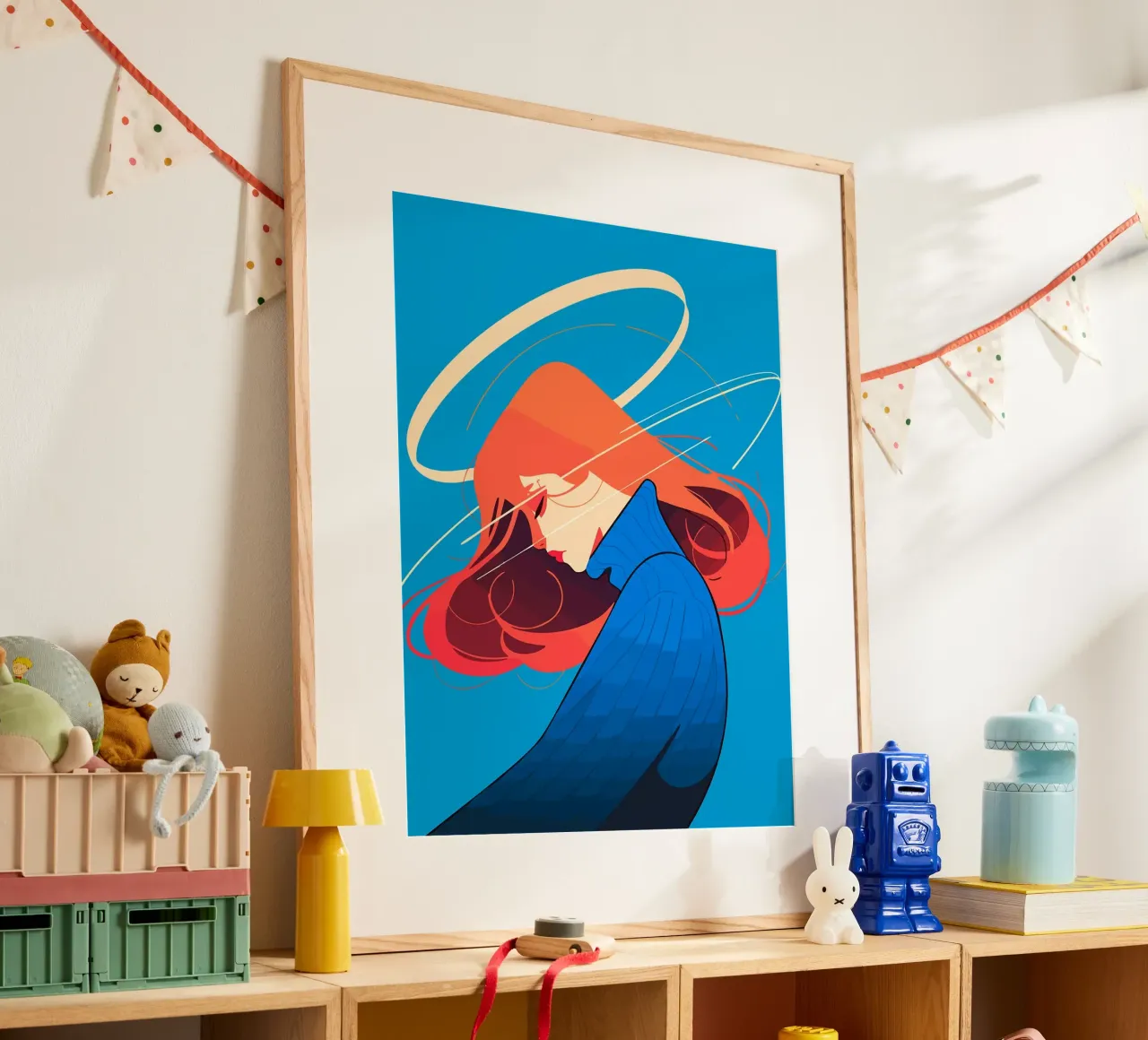 Donna con capelli rossi e aureola Illustrazione artistica minimalista poster da Leon Franke