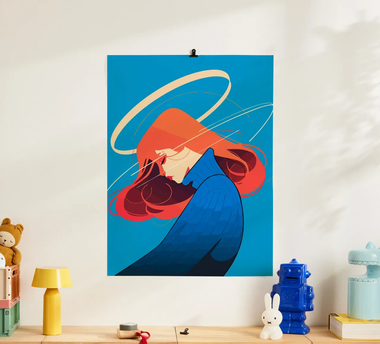 Donna con capelli rossi e aureola Illustrazione artistica minimalista poster da Leon Franke