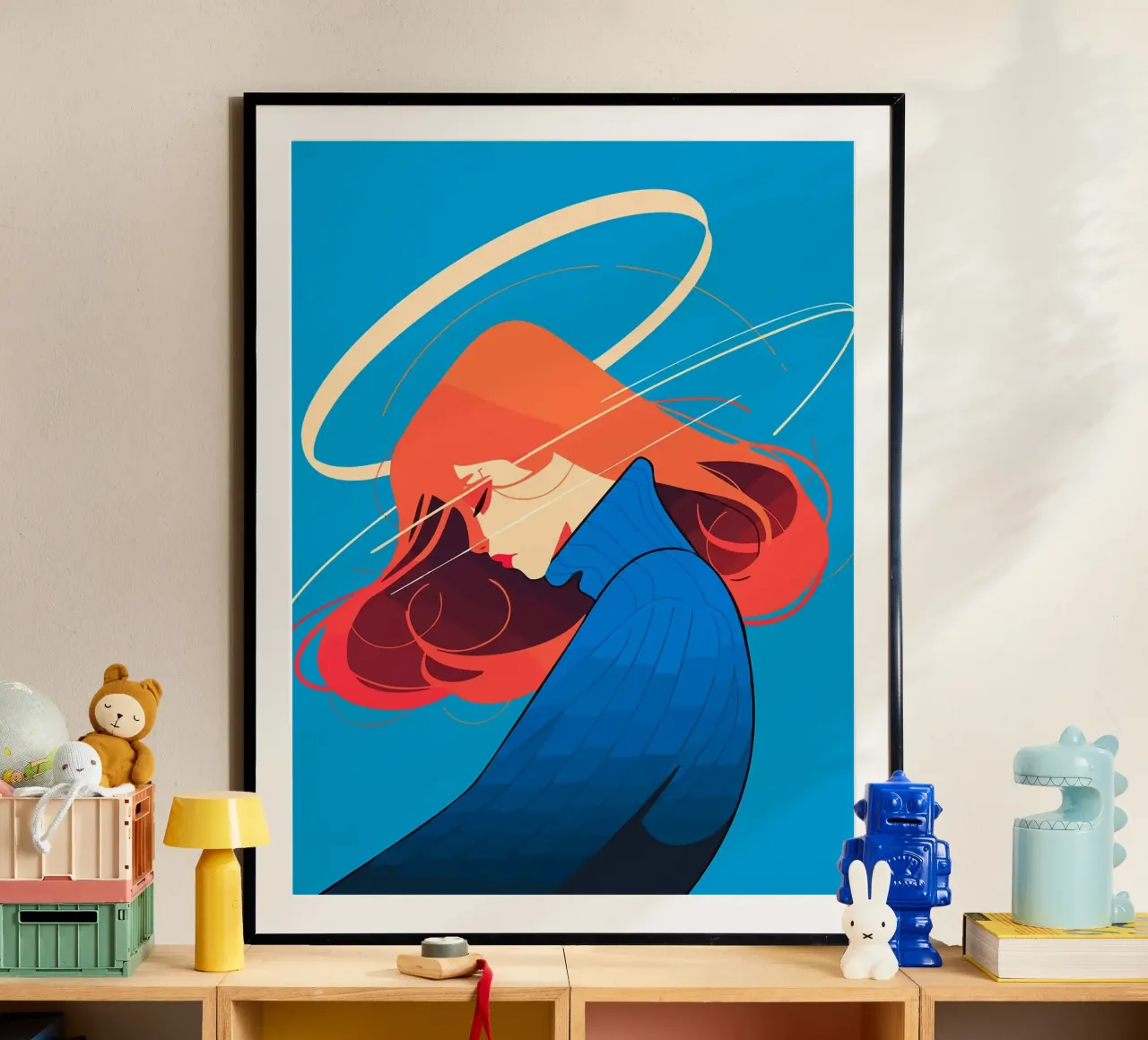 Donna con capelli rossi e aureola Illustrazione artistica minimalista poster da Leon Franke