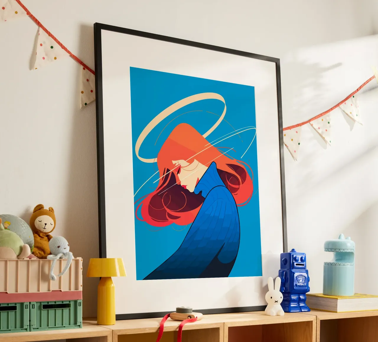 Donna con capelli rossi e aureola Illustrazione artistica minimalista poster da Leon Franke