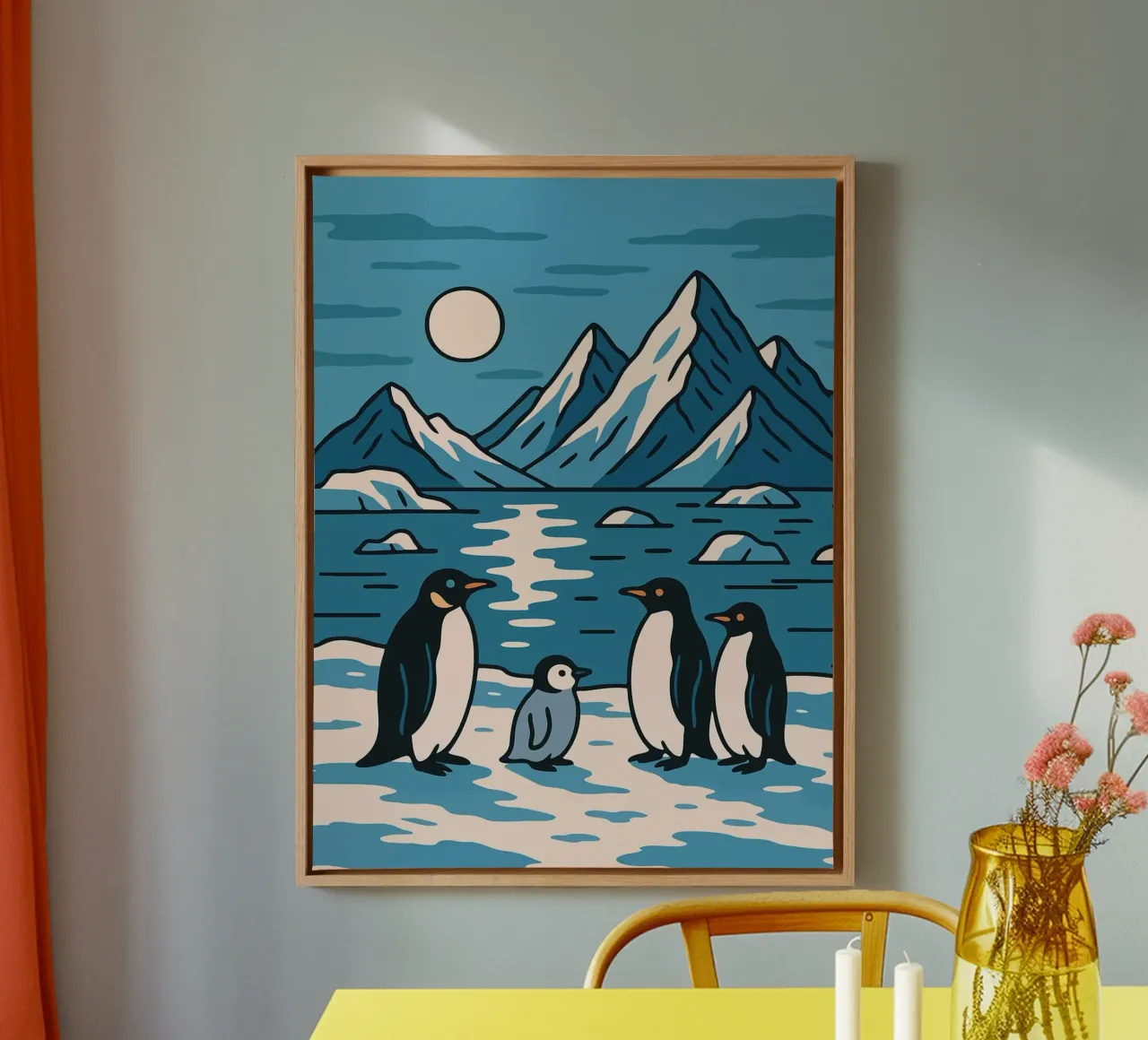 Famiglia di pinguini in un paesaggio antartico Arte minimalista vintage tela con Cornice a cassetta da Lisa Becker