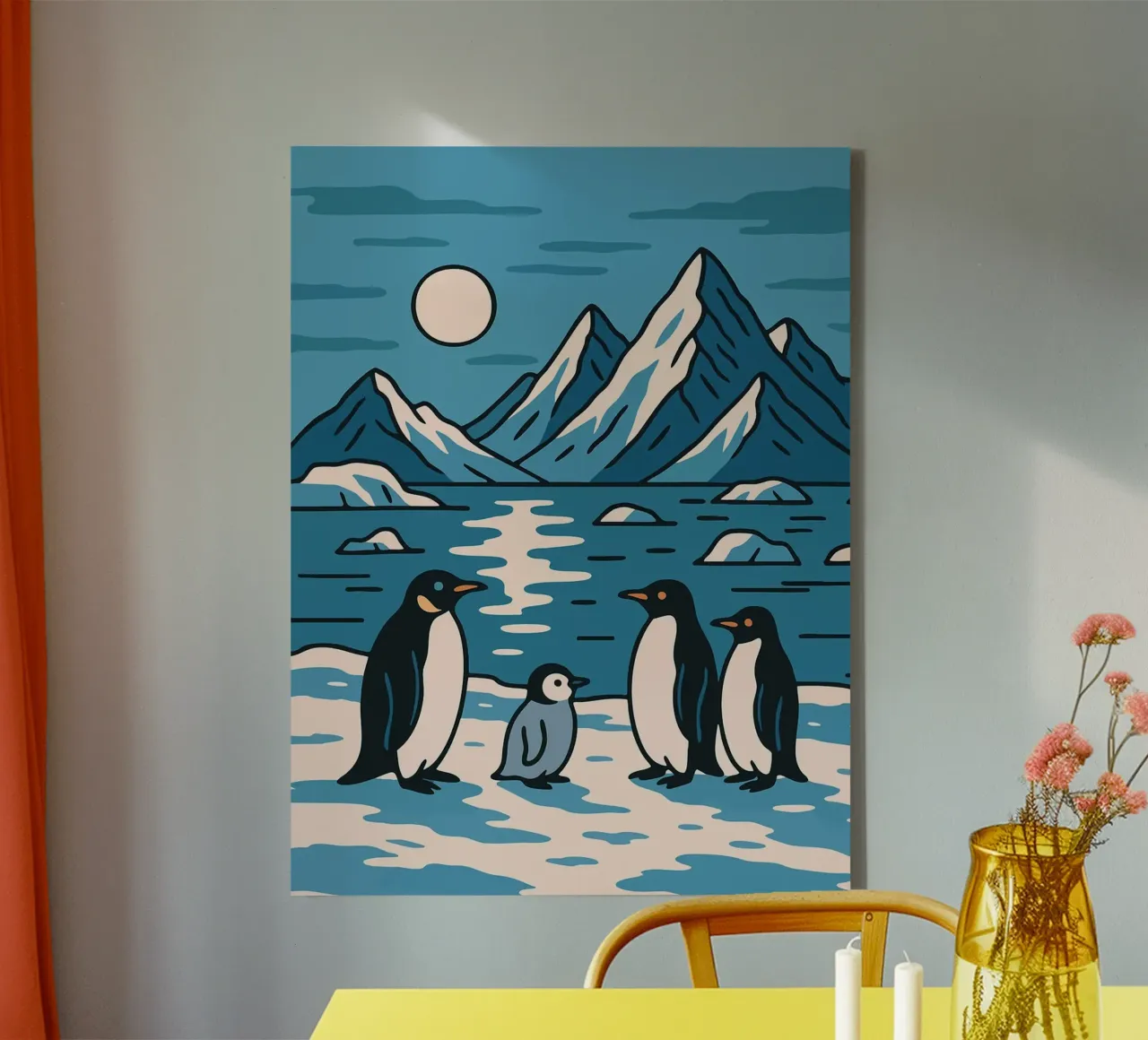 Famiglia di pinguini in un paesaggio antartico Arte minimalista vintage tela con Cornice a cassetta da Lisa Becker