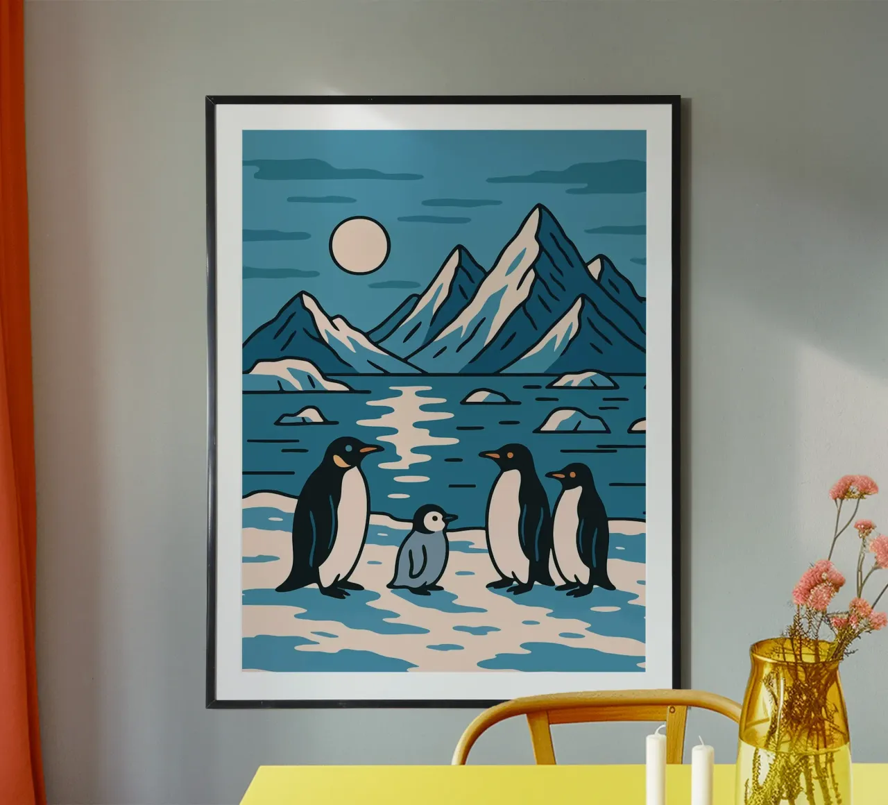 Famiglia di pinguini in un paesaggio antartico Arte minimalista vintage poster con telaio in legno da Lisa Becker