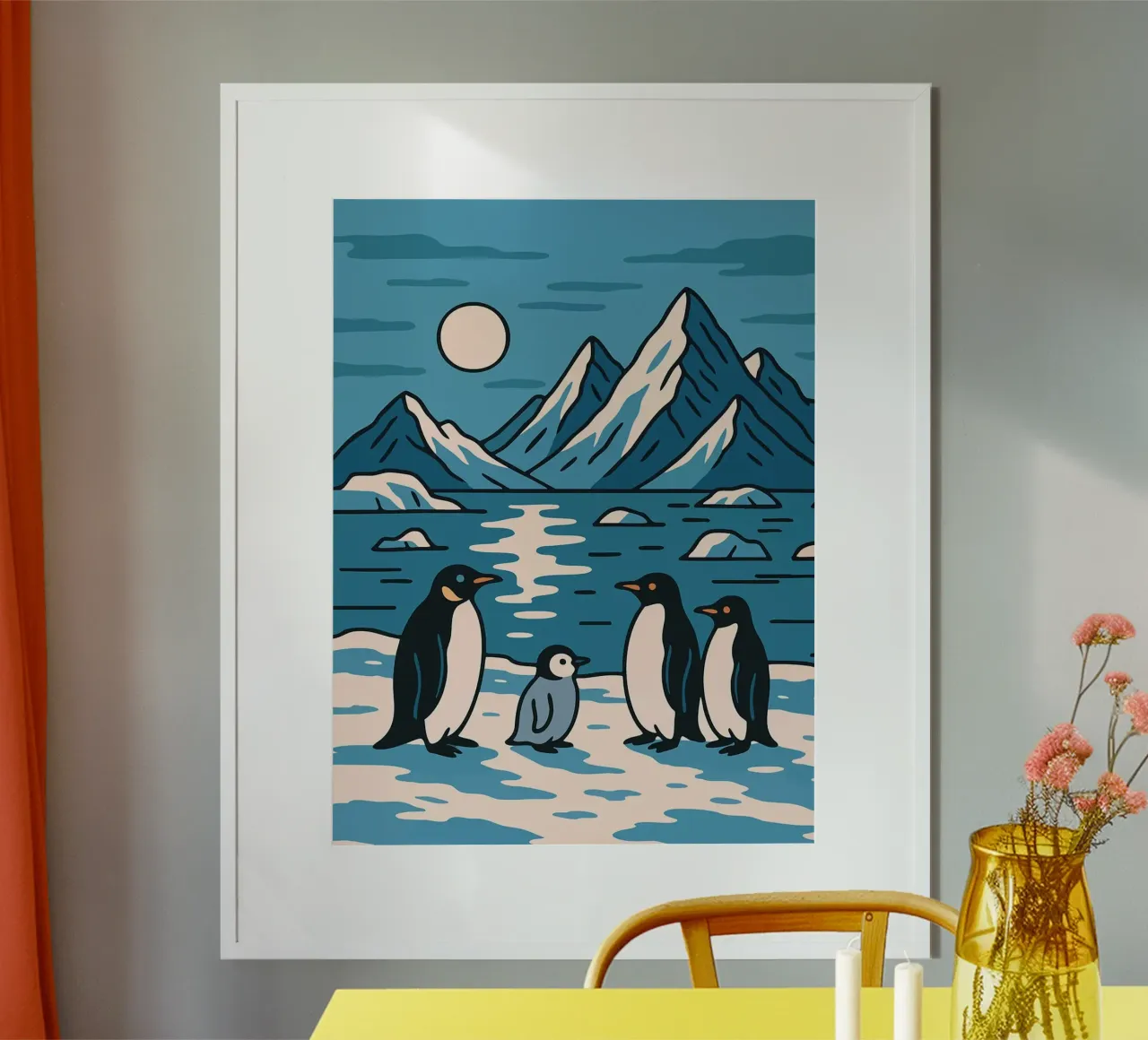 Famiglia di pinguini in un paesaggio antartico Arte minimalista vintage poster con telaio in legno da Lisa Becker