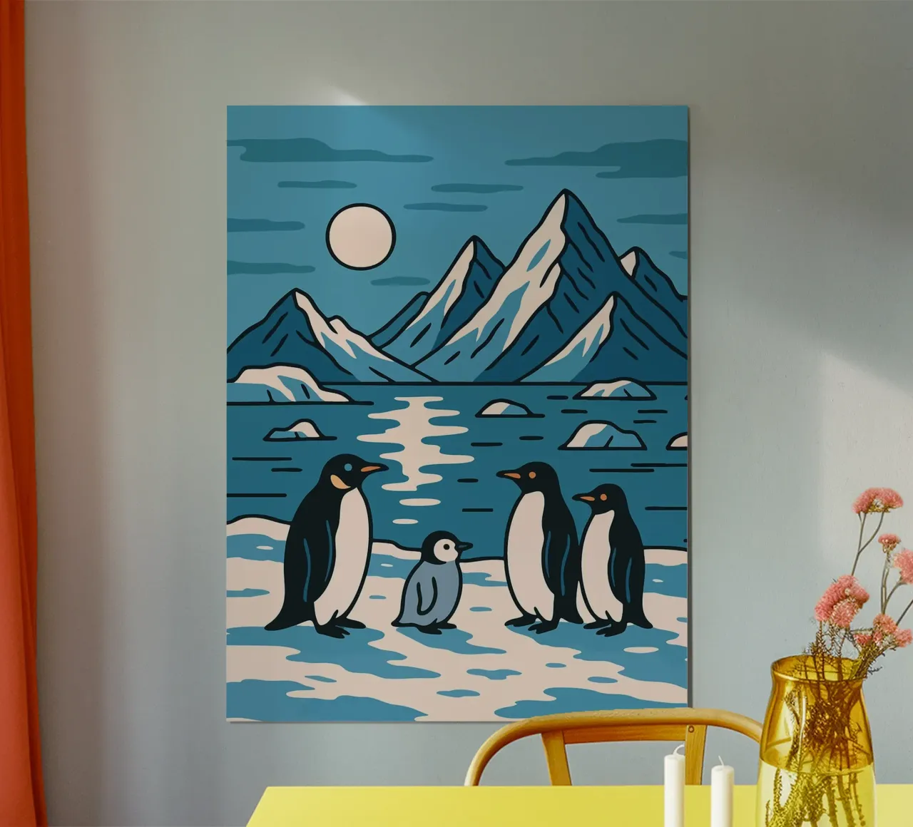 Famiglia di pinguini in un paesaggio antartico Arte minimalista vintage poster con telaio in legno da Lisa Becker