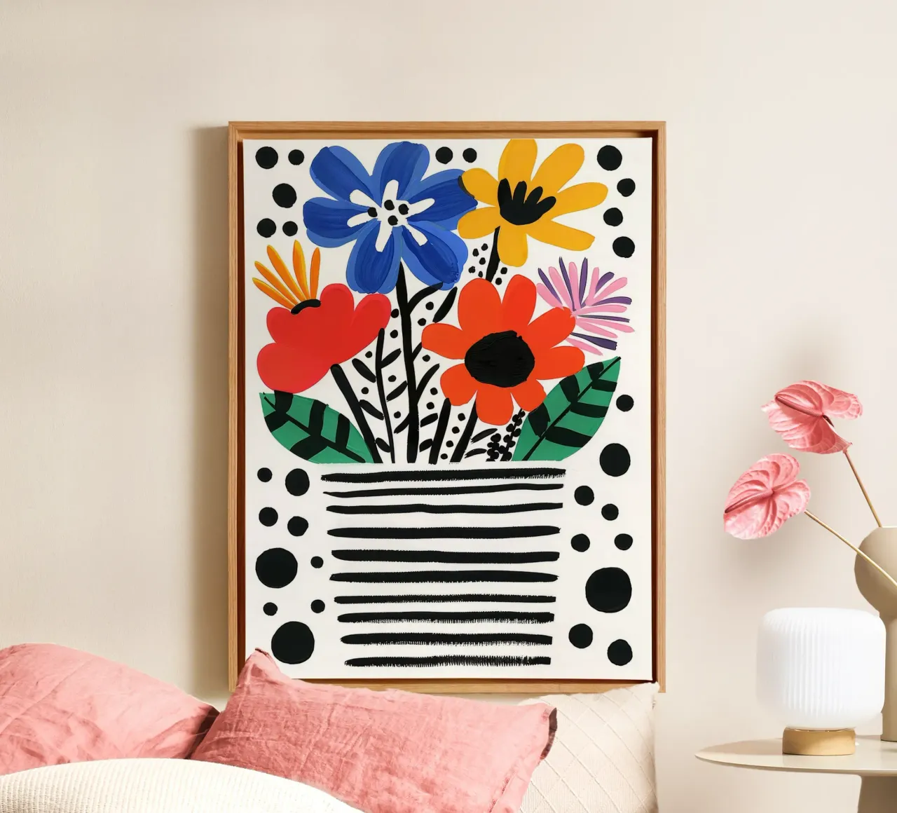 Kleurrijk bloemstuk in gestreepte vaas canvas met Baklijst van Lisa Becker