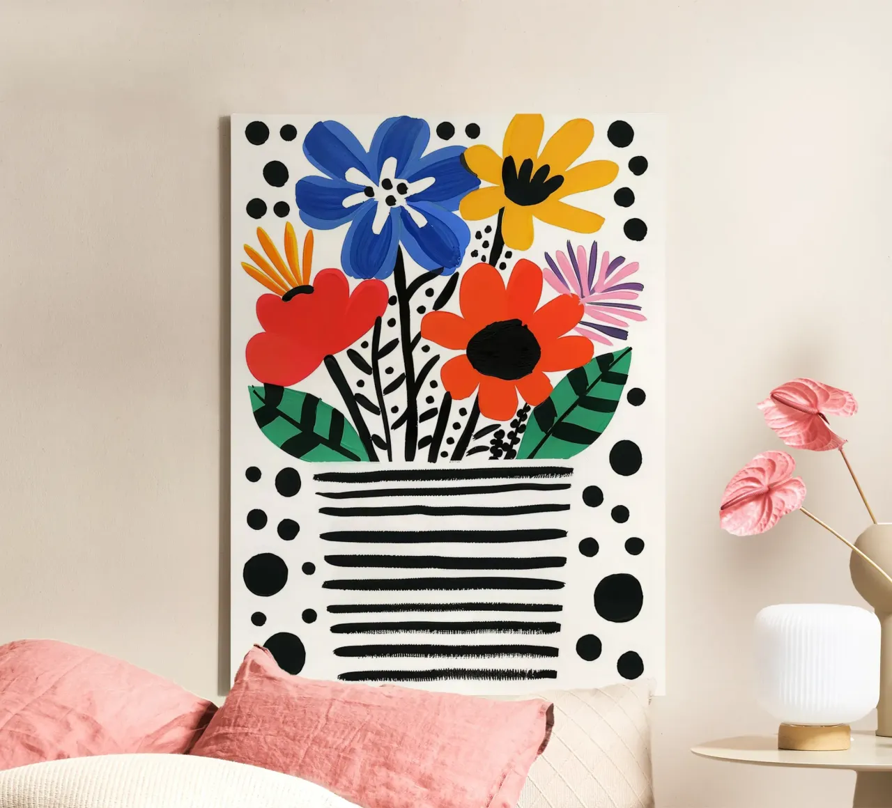 Kleurrijk bloemstuk in gestreepte vaas canvas met Baklijst van Lisa Becker