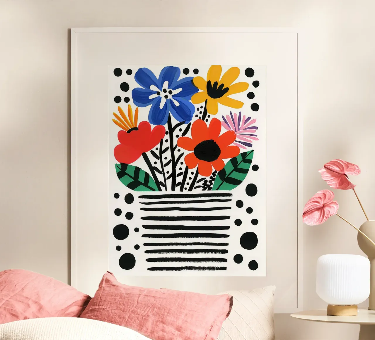 Kleurrijk bloemstuk in gestreepte vaas poster van Lisa Becker