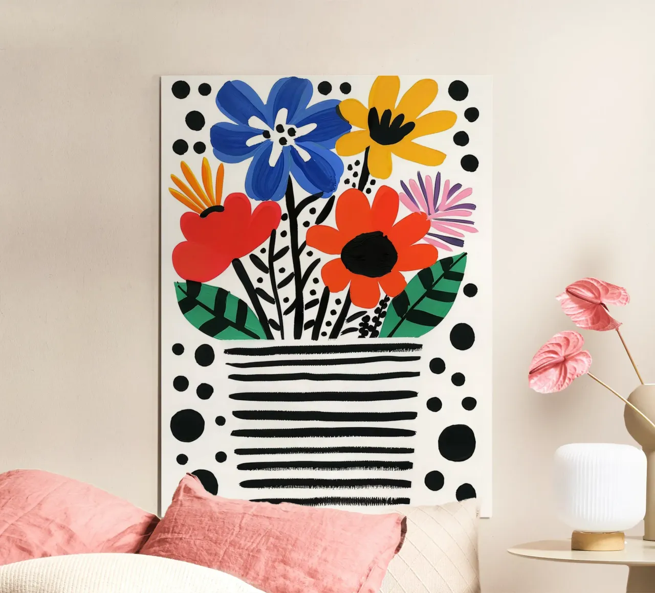 Kleurrijk bloemstuk in gestreepte vaas poster van Lisa Becker