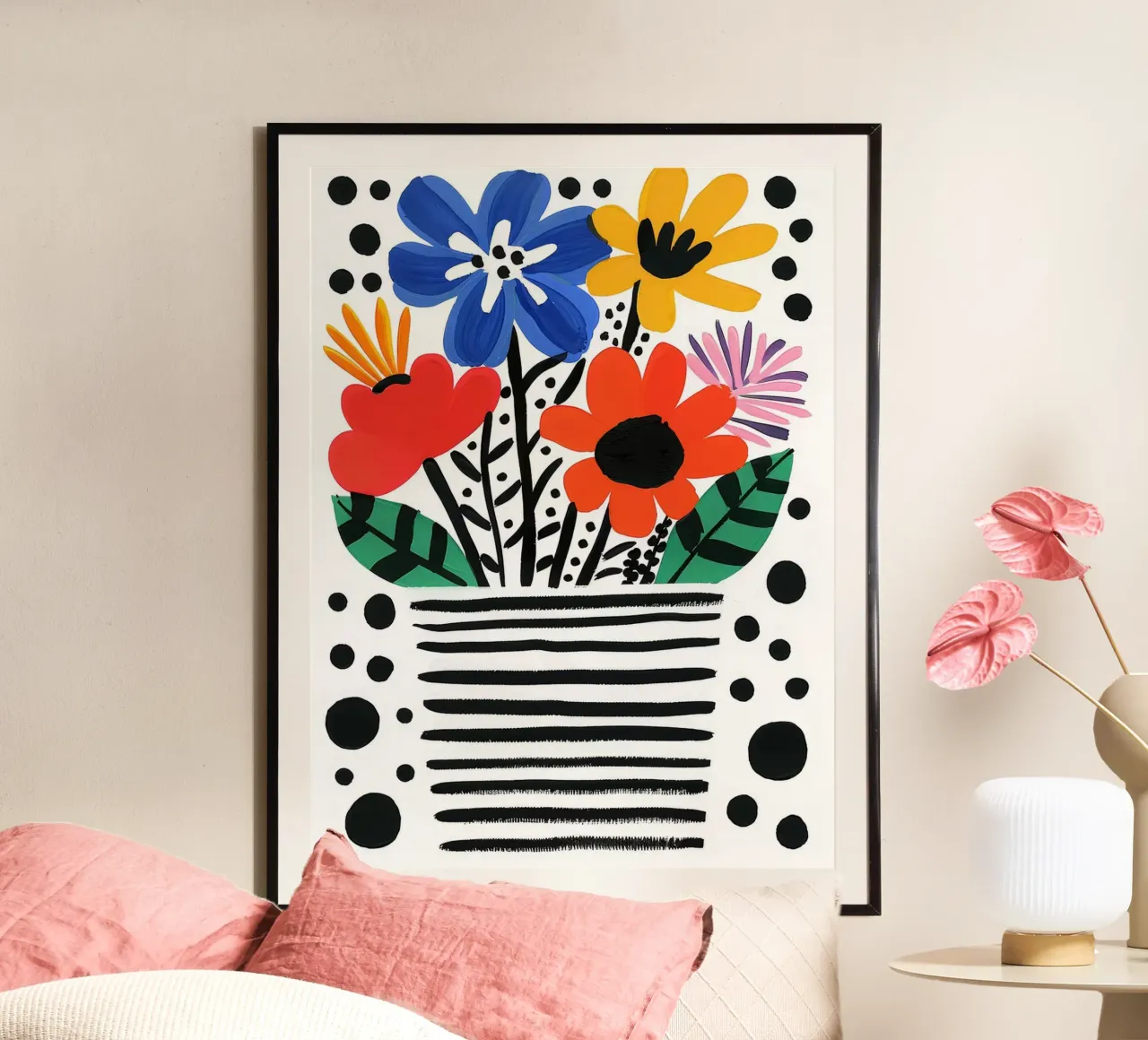 Kleurrijk bloemstuk in gestreepte vaas poster van Lisa Becker
