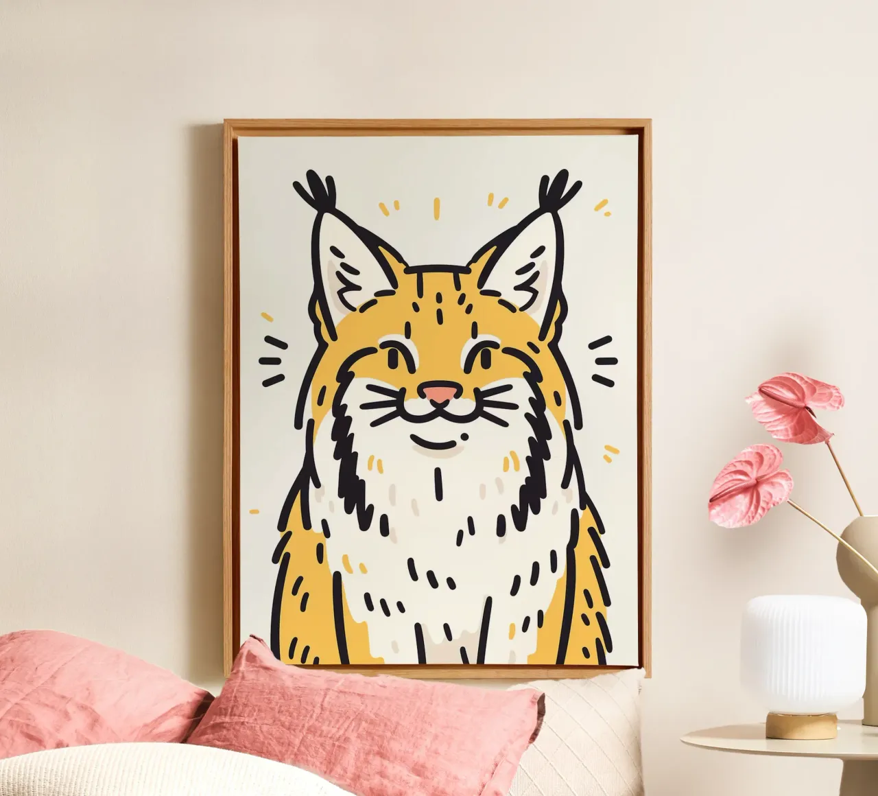 Smiling Lynx Illustration canvas with Floater frame by Sabine Klein