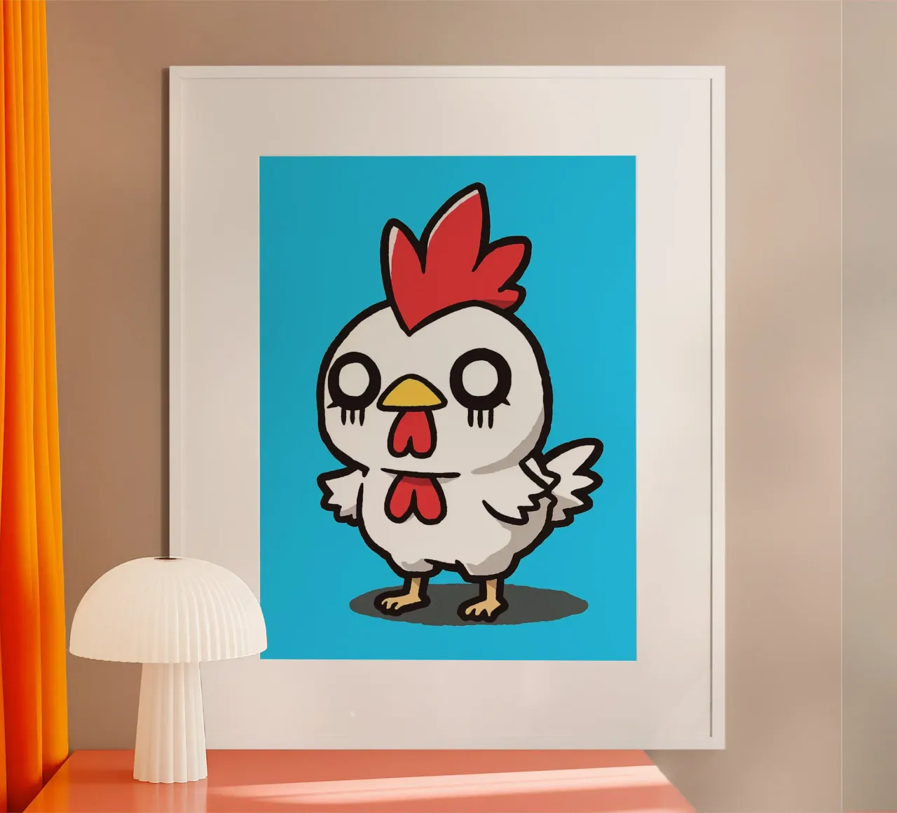 Illustrazione di pollo a cartoni animati su sfondo blu poster da Sabine Klein