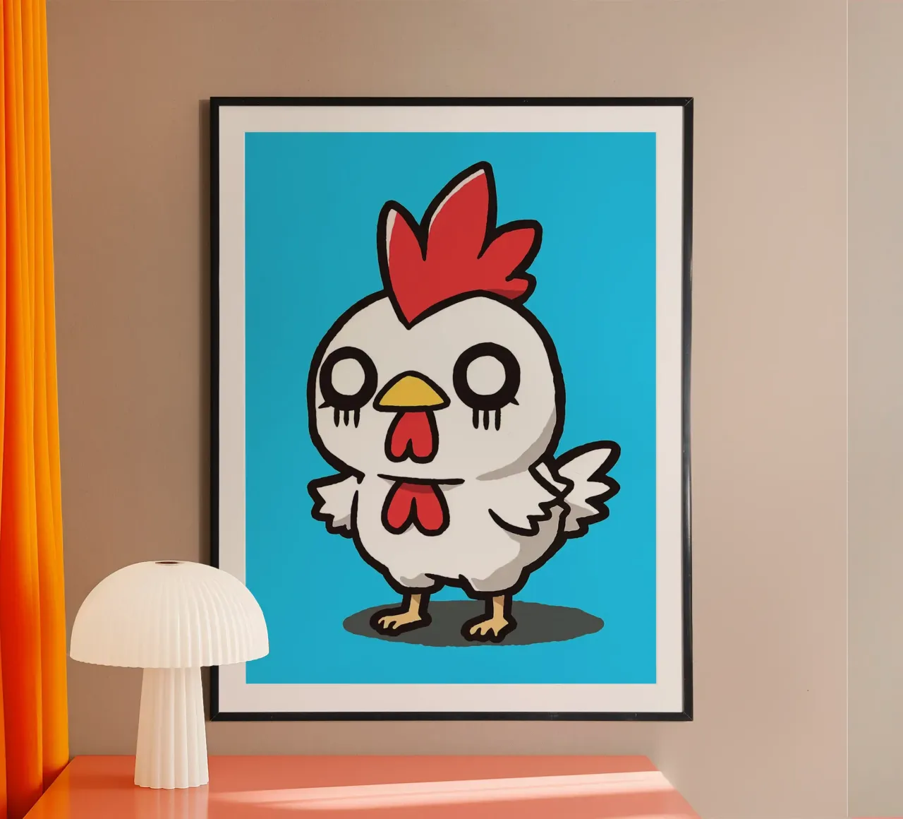 Illustrazione di pollo a cartoni animati su sfondo blu poster da Sabine Klein