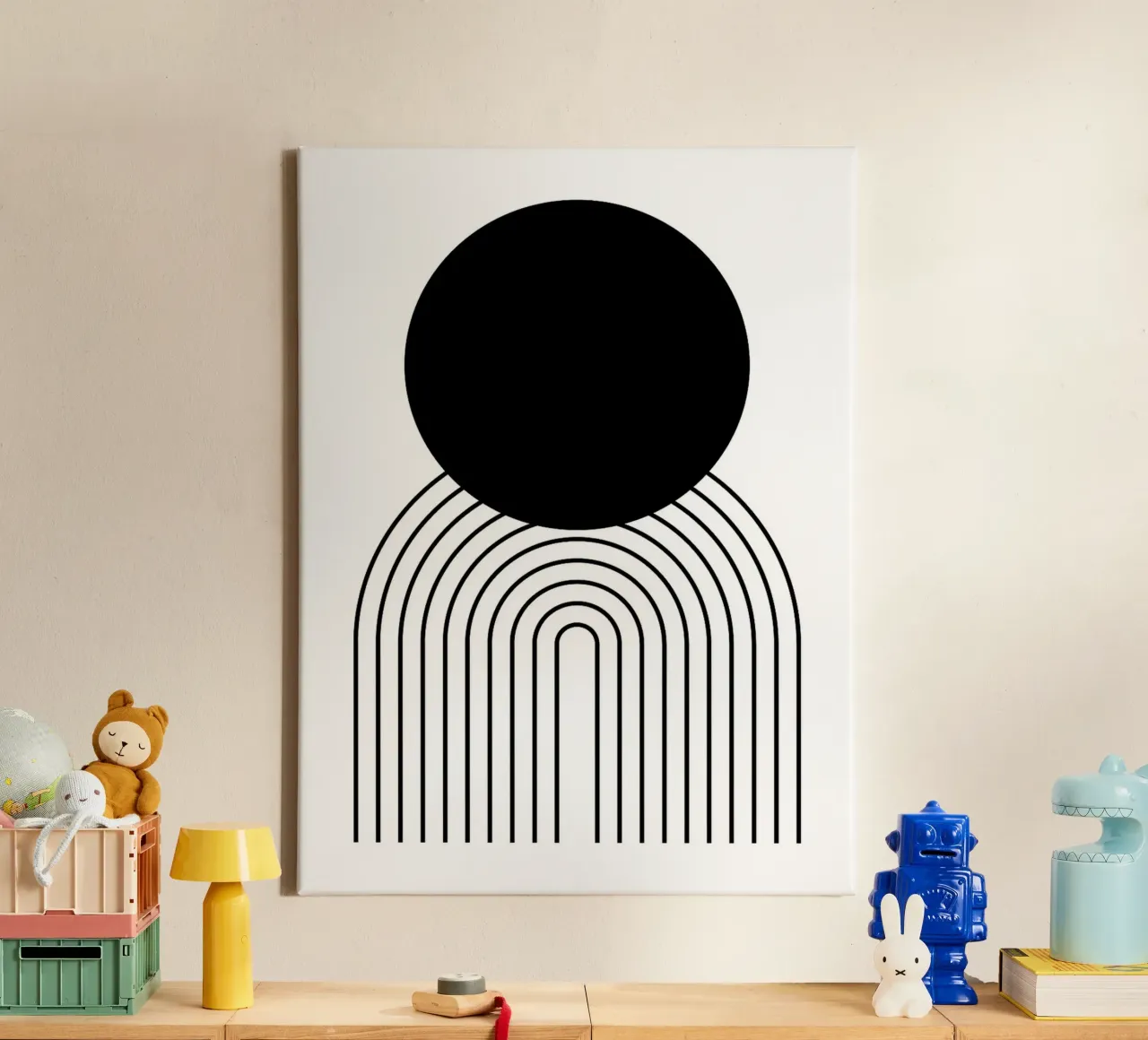 Zwarte cirkel en bogen minimalistische kunst canvas met Baklijst van Sabine Klein