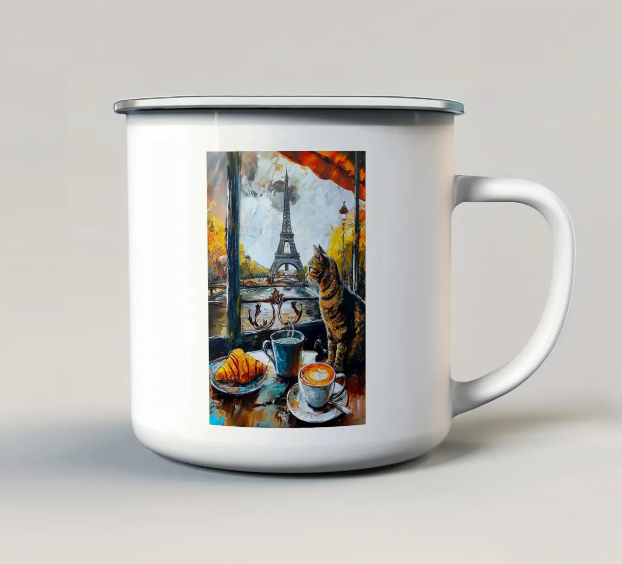 Gatto parigino con caffè e croissant tazza in smalto da Fleur de Lys