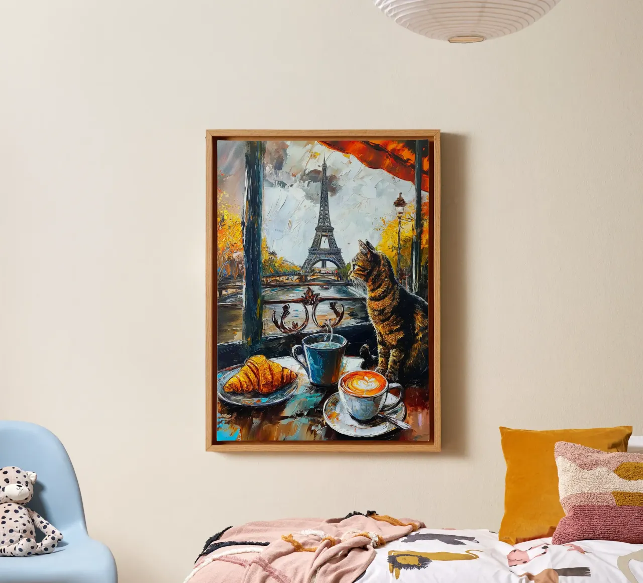 Gatto parigino con caffè e croissant tela con Cornice a cassetta da Fleur de Lys