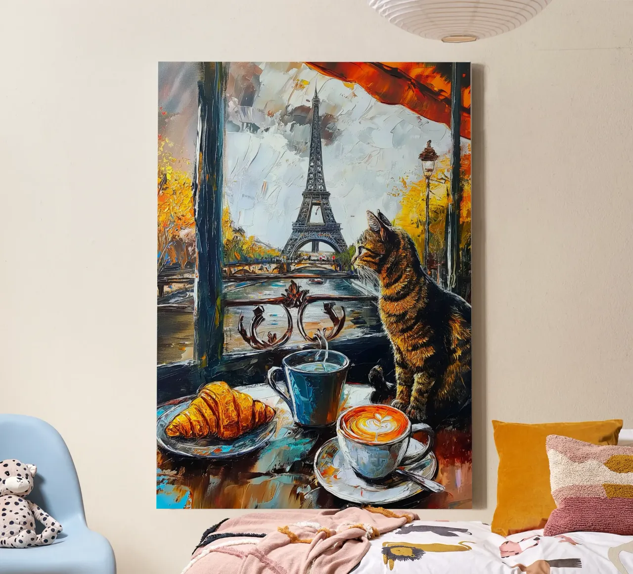 Gatto parigino con caffè e croissant tela con Cornice a cassetta da Fleur de Lys