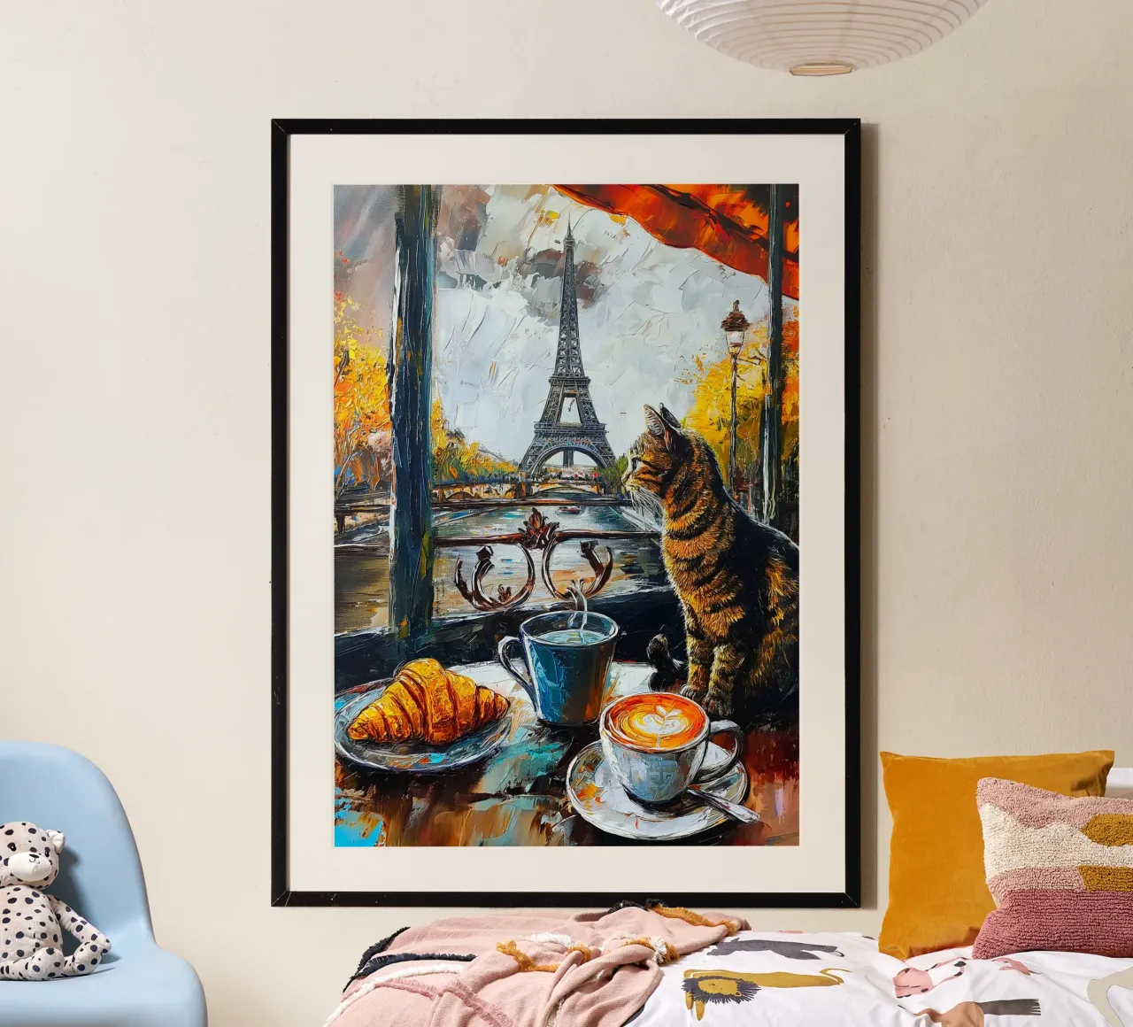 Gatto parigino con caffè e croissant poster da Fleur de Lys