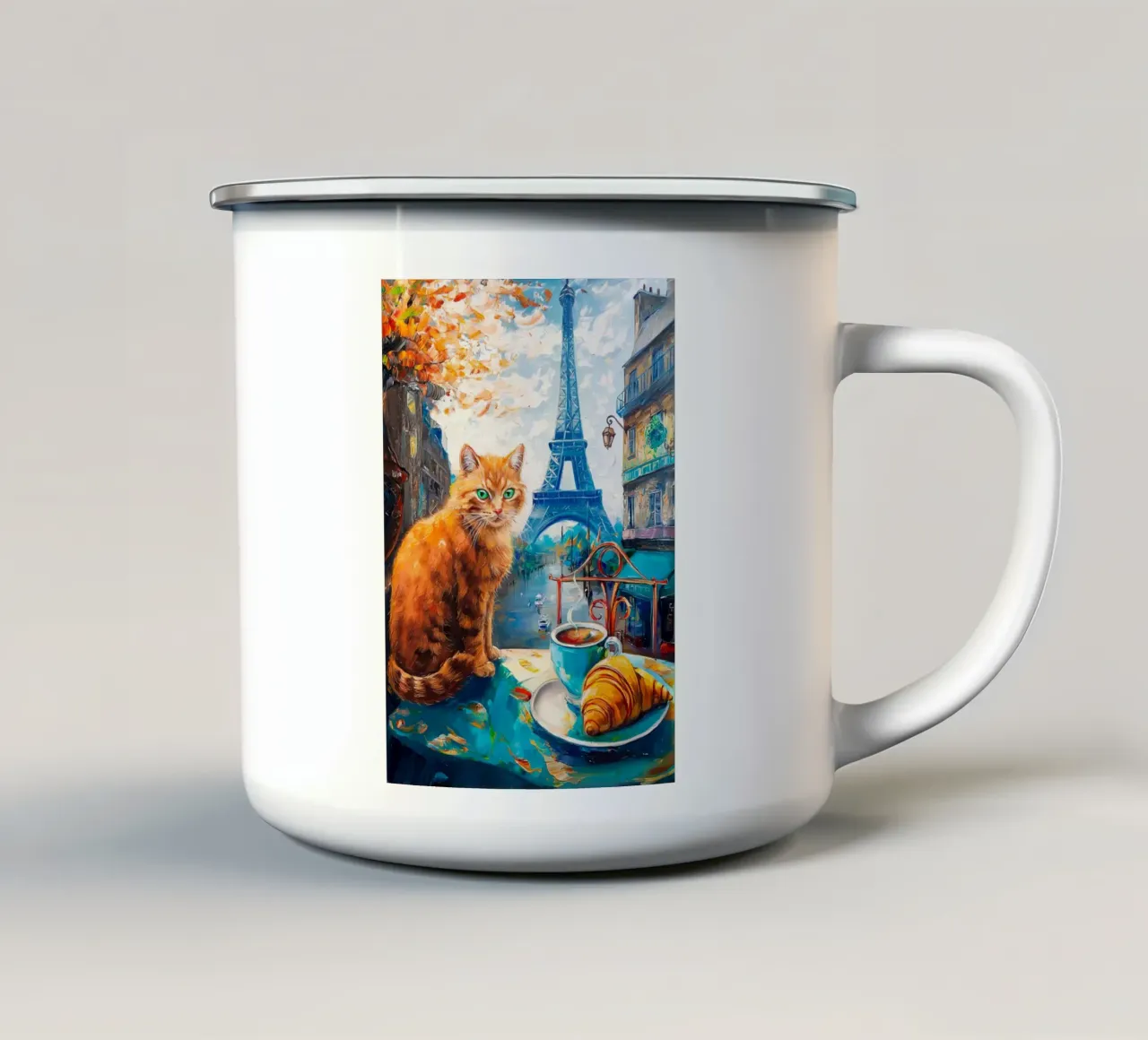 Gatto parigino con caffè e croissant tazza in smalto da Fleur de Lys