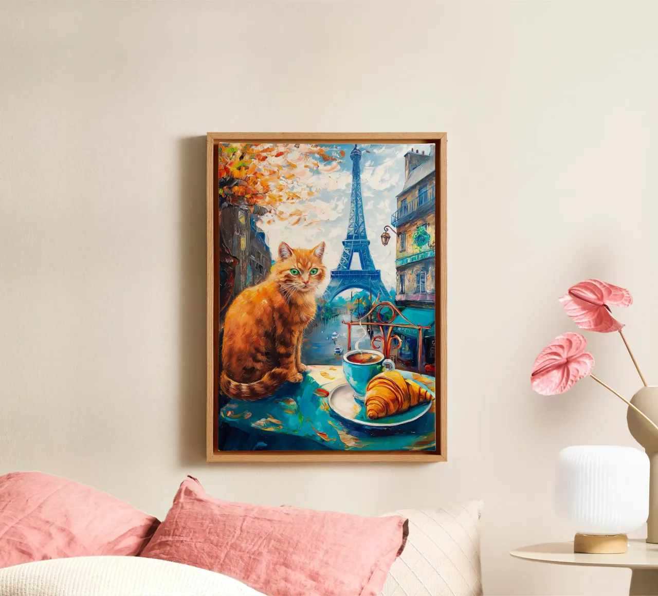Parisian Cat with Coffee and Croissant canvas with Floater frame by Fleur de Lys