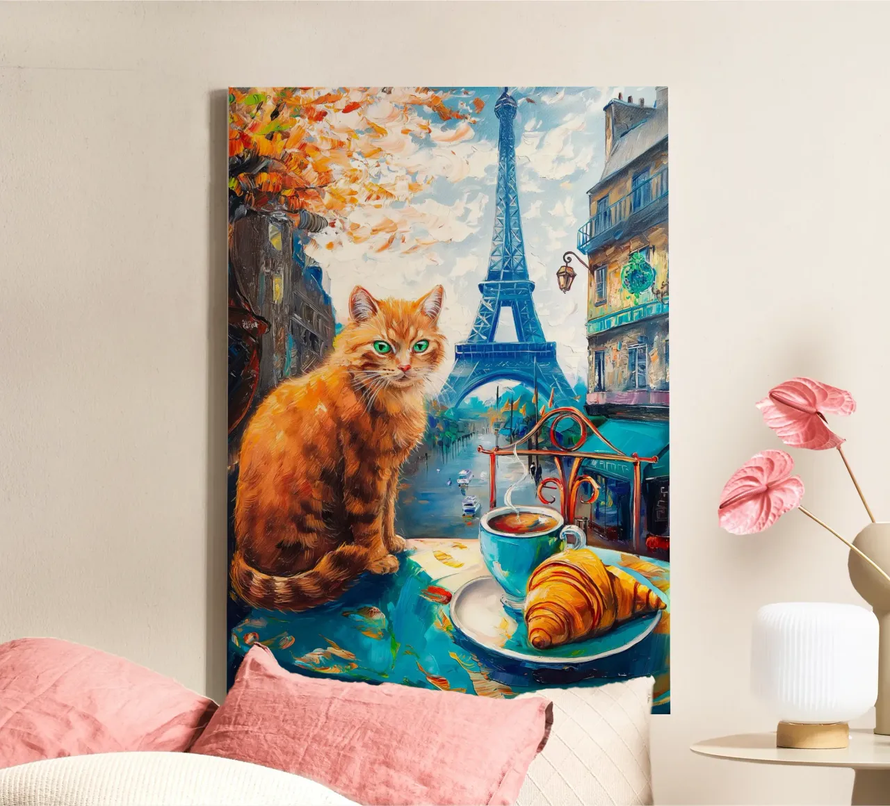 Parisian Cat with Coffee and Croissant canvas with Floater frame by Fleur de Lys