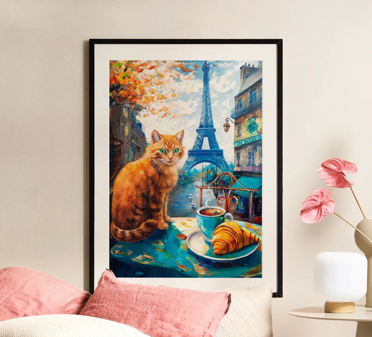 Gatto parigino con caffè e croissant poster da Fleur de Lys