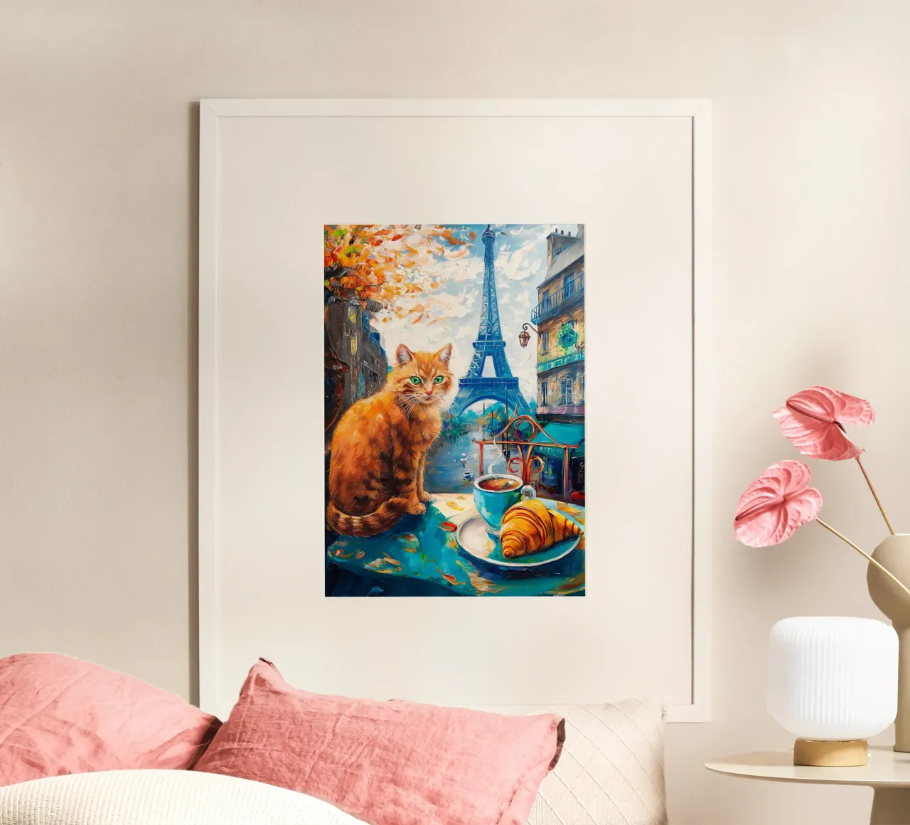 Gatto parigino con caffè e croissant poster da Fleur de Lys