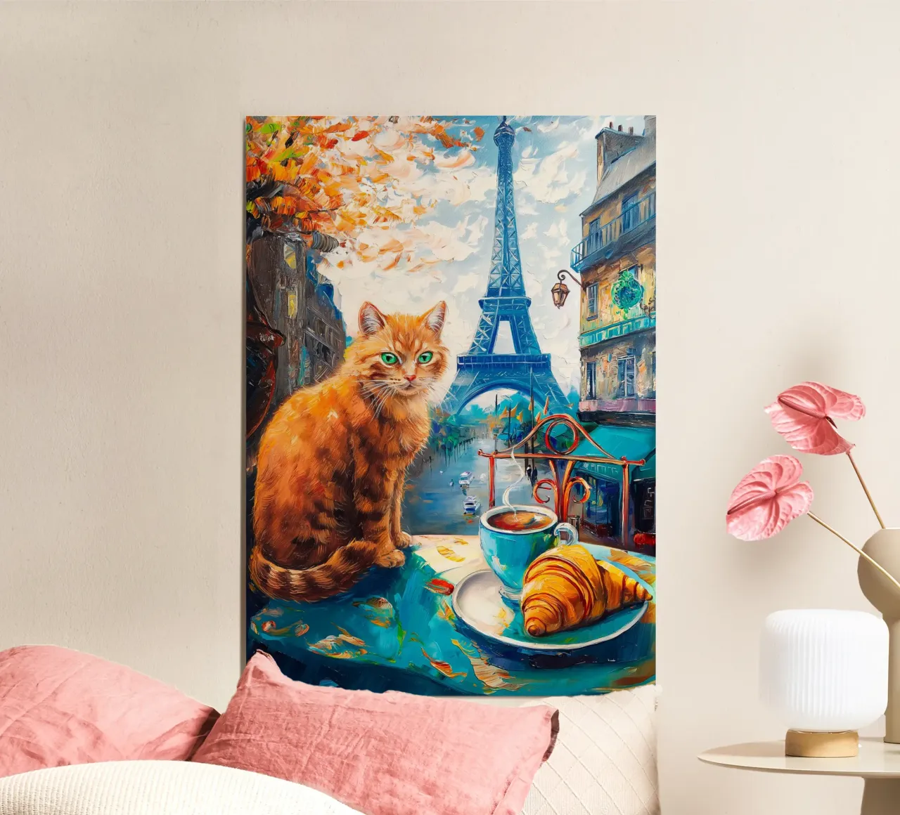 Gatto parigino con caffè e croissant poster da Fleur de Lys