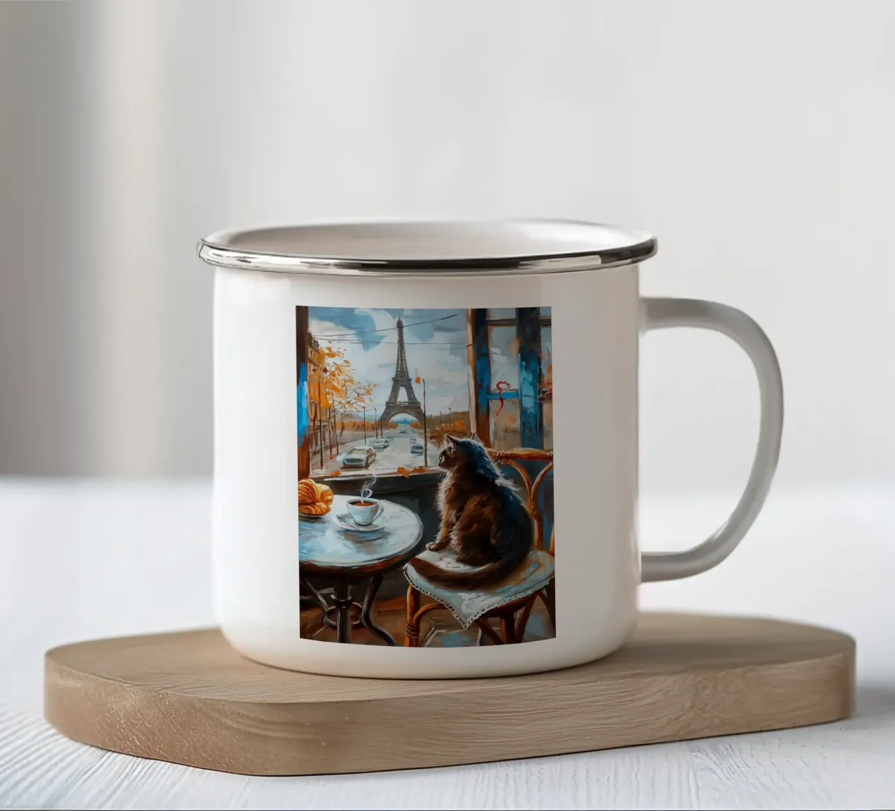 Gatto parigino con caffè e croissant tazza in smalto da Fleur de Lys
