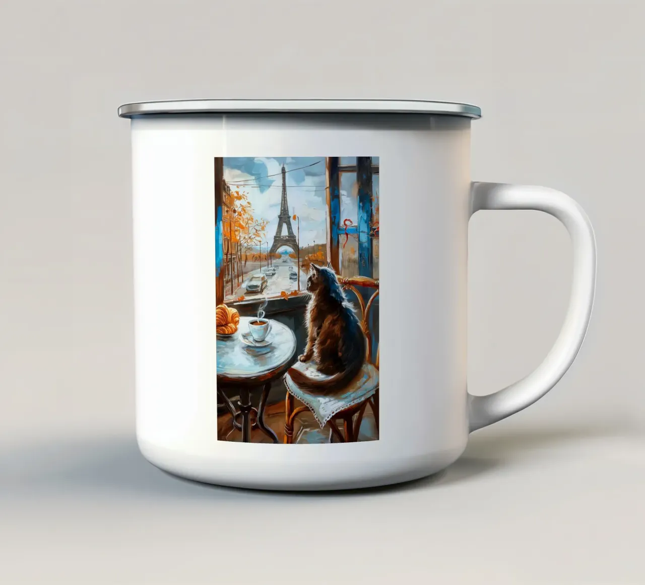 Gatto parigino con caffè e croissant tazza in smalto da Fleur de Lys
