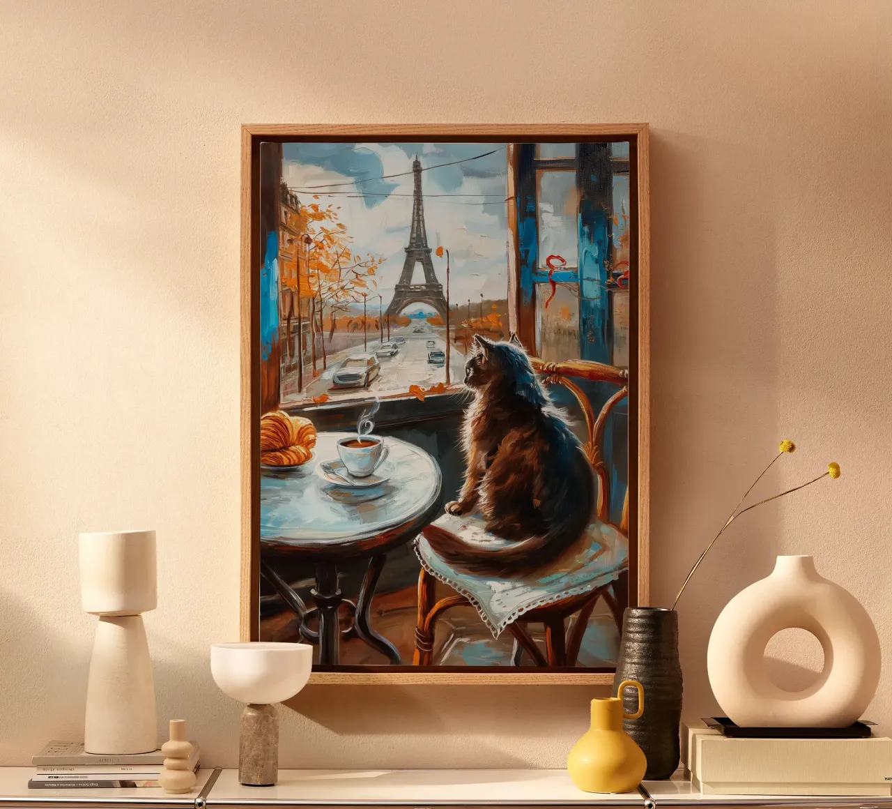 Parisian Cat with Coffee and Croissant canvas with Floater frame by Fleur de Lys