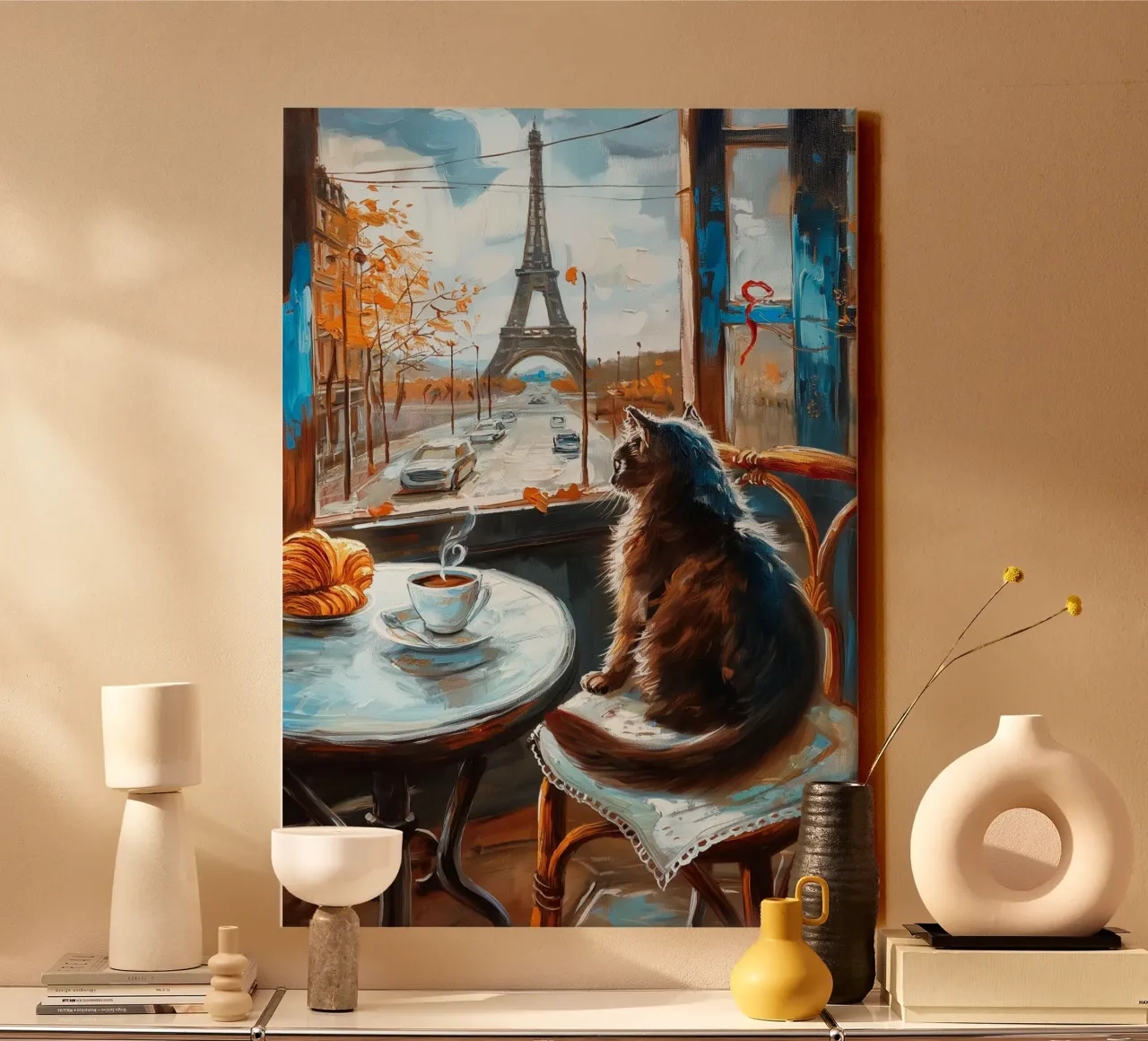 Parisian Cat with Coffee and Croissant canvas with Floater frame by Fleur de Lys