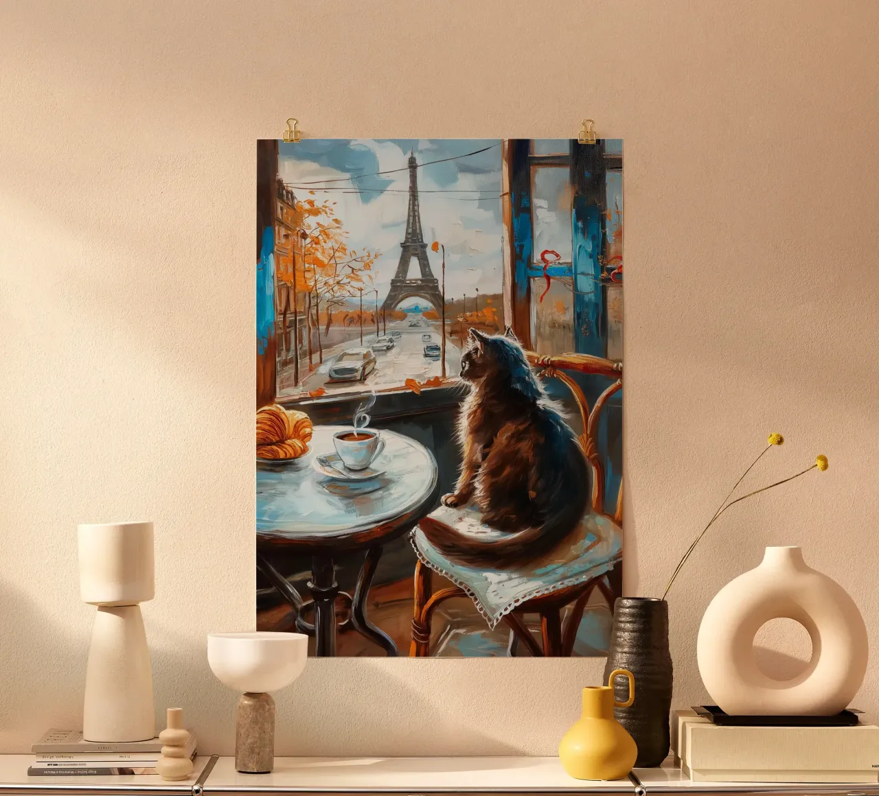 Gatto parigino con caffè e croissant poster da Fleur de Lys