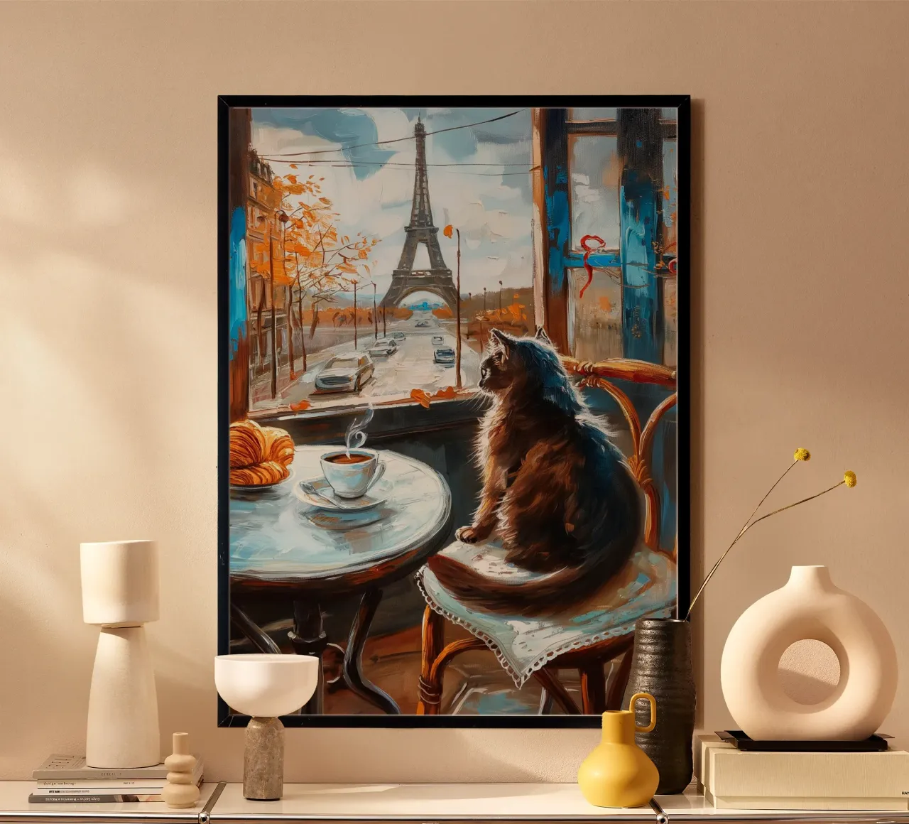 Gatto parigino con caffè e croissant poster da Fleur de Lys