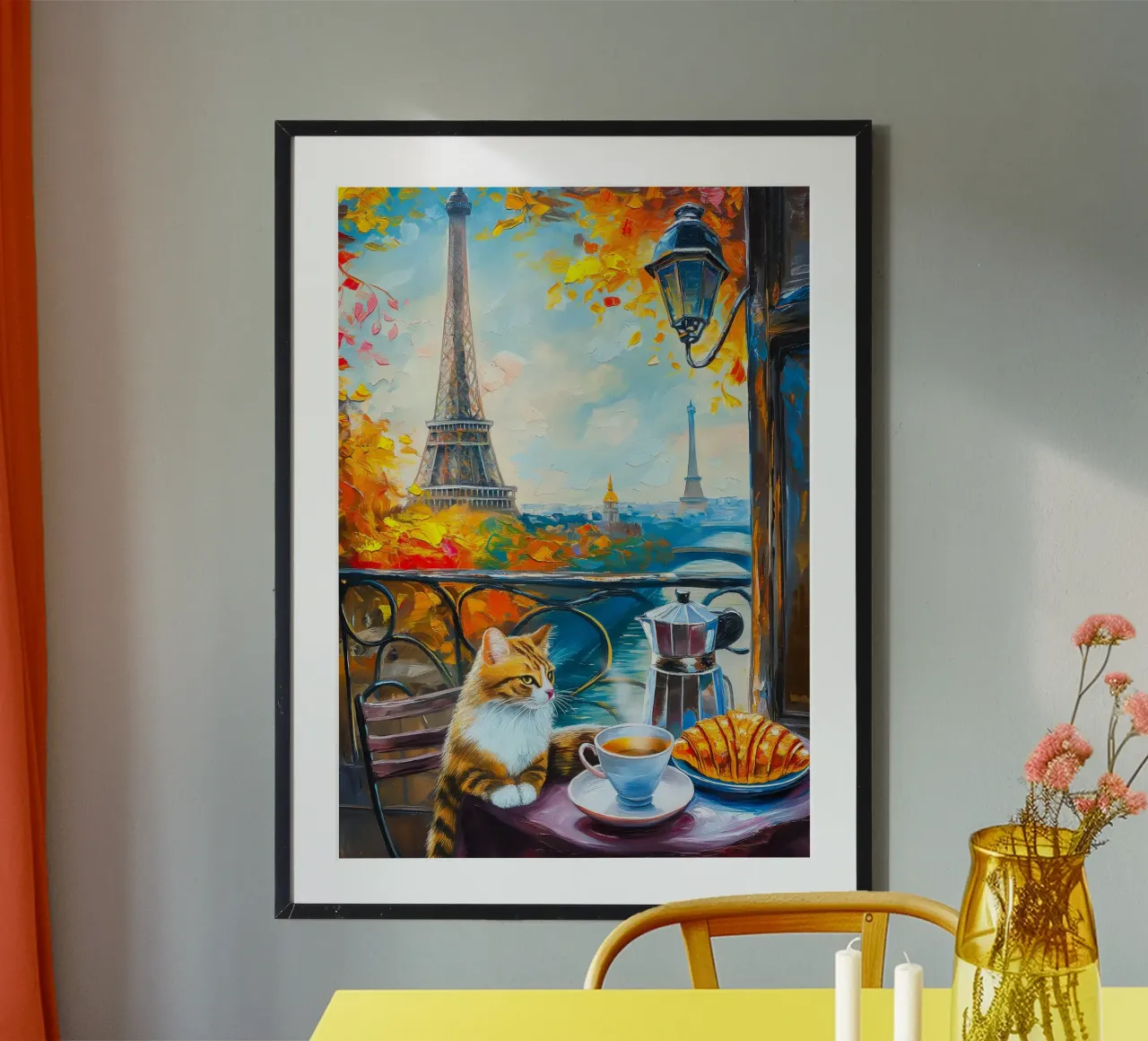 Gatto parigino con caffè e croissant poster da Fleur de Lys