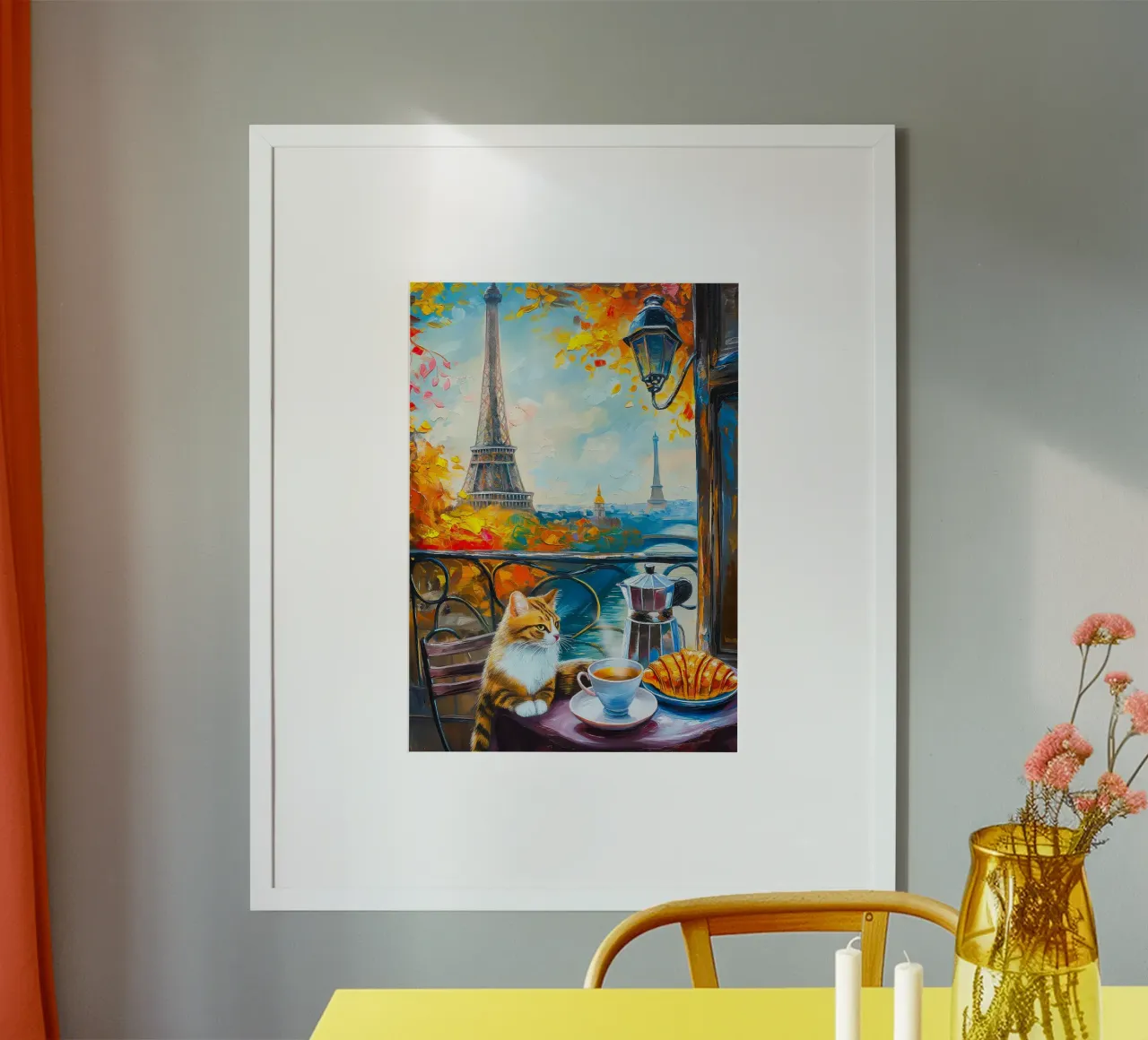 Gatto parigino con caffè e croissant poster da Fleur de Lys
