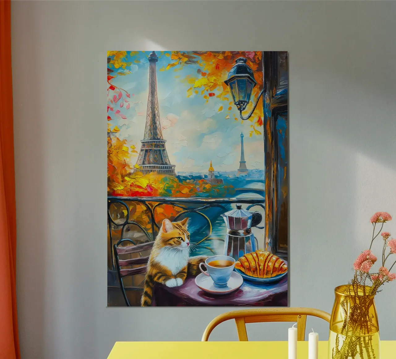 Gatto parigino con caffè e croissant poster da Fleur de Lys