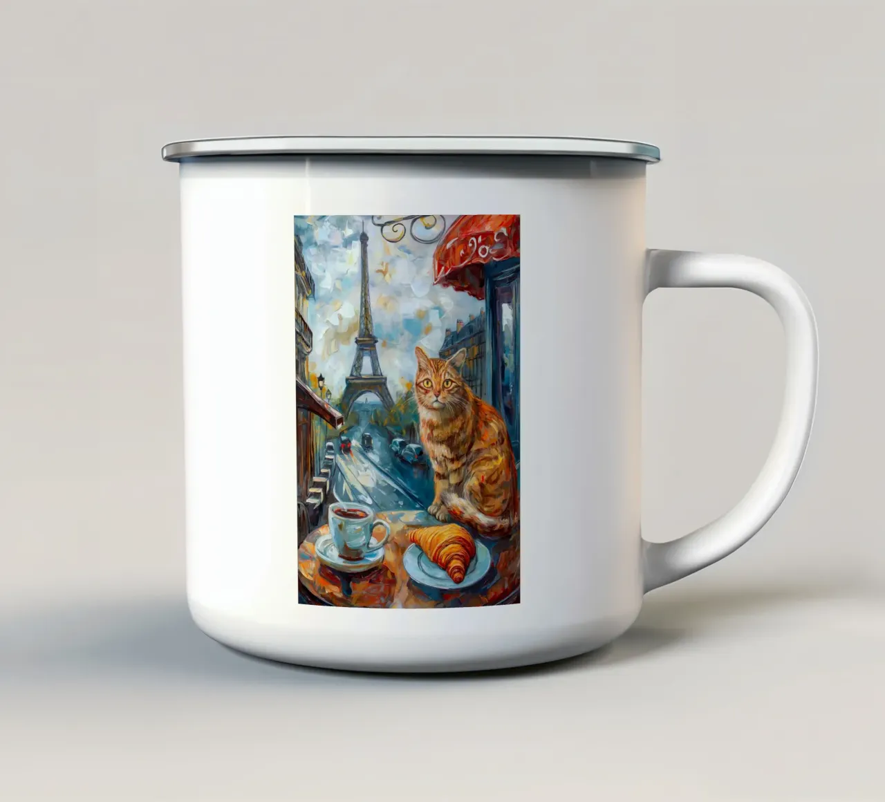 Gatto parigino con caffè e croissant tazza in smalto da Fleur de Lys