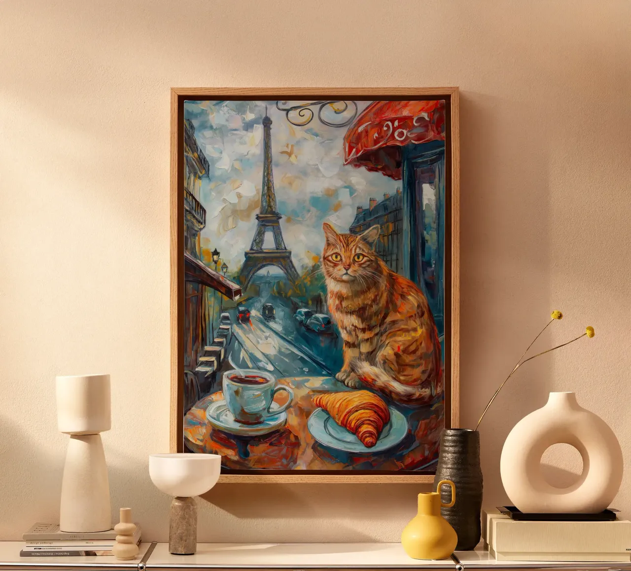 Gatto parigino con caffè e croissant tela con Cornice a cassetta da Fleur de Lys
