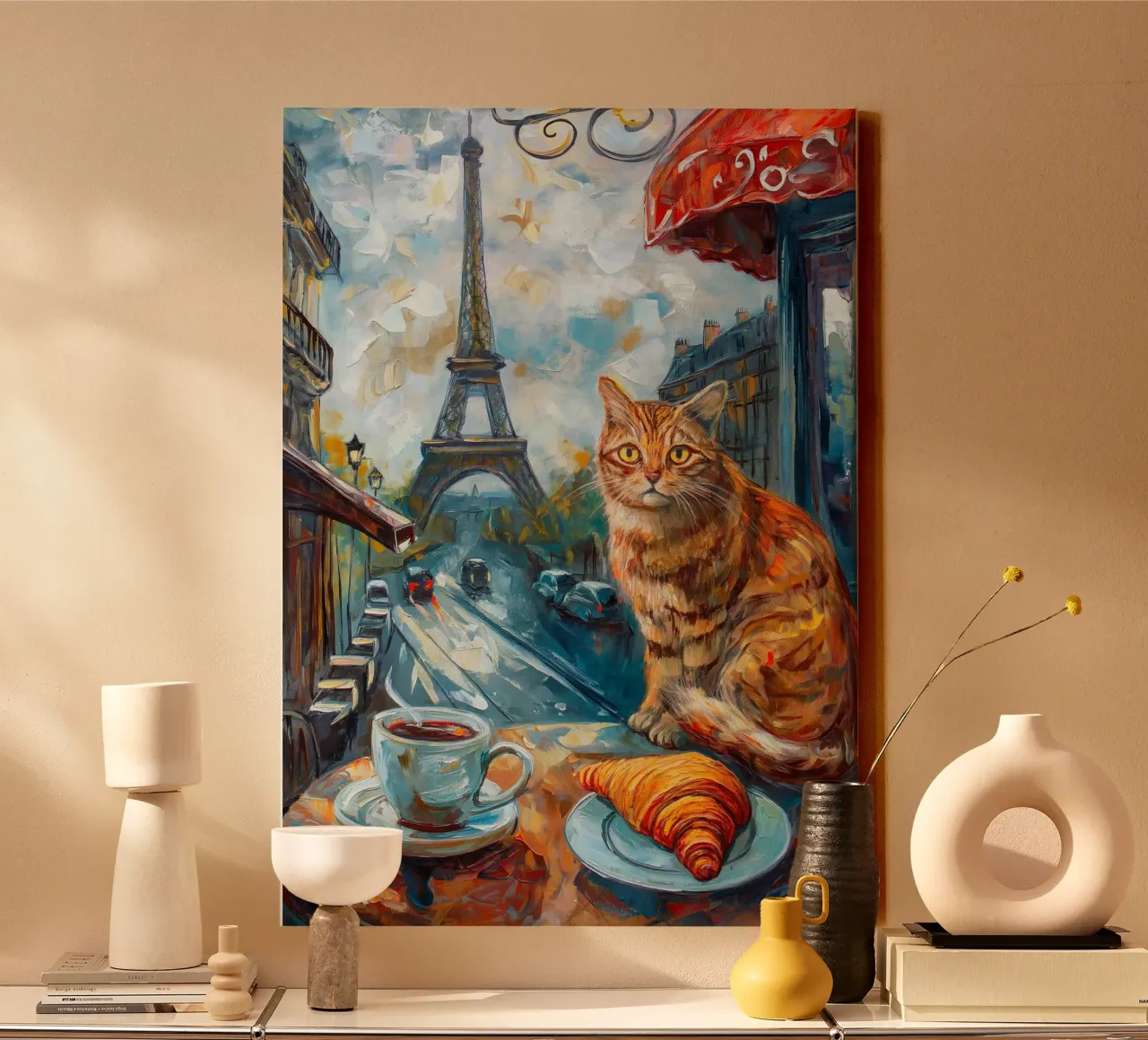Gatto parigino con caffè e croissant tela con Cornice a cassetta da Fleur de Lys