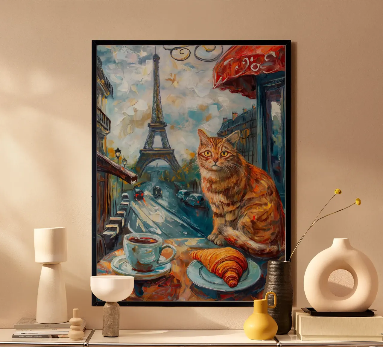 Gatto parigino con caffè e croissant poster da Fleur de Lys