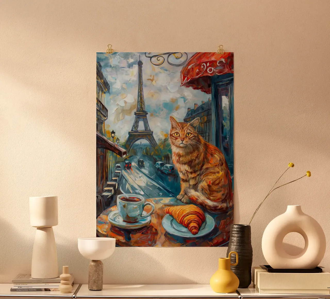 Gatto parigino con caffè e croissant poster da Fleur de Lys